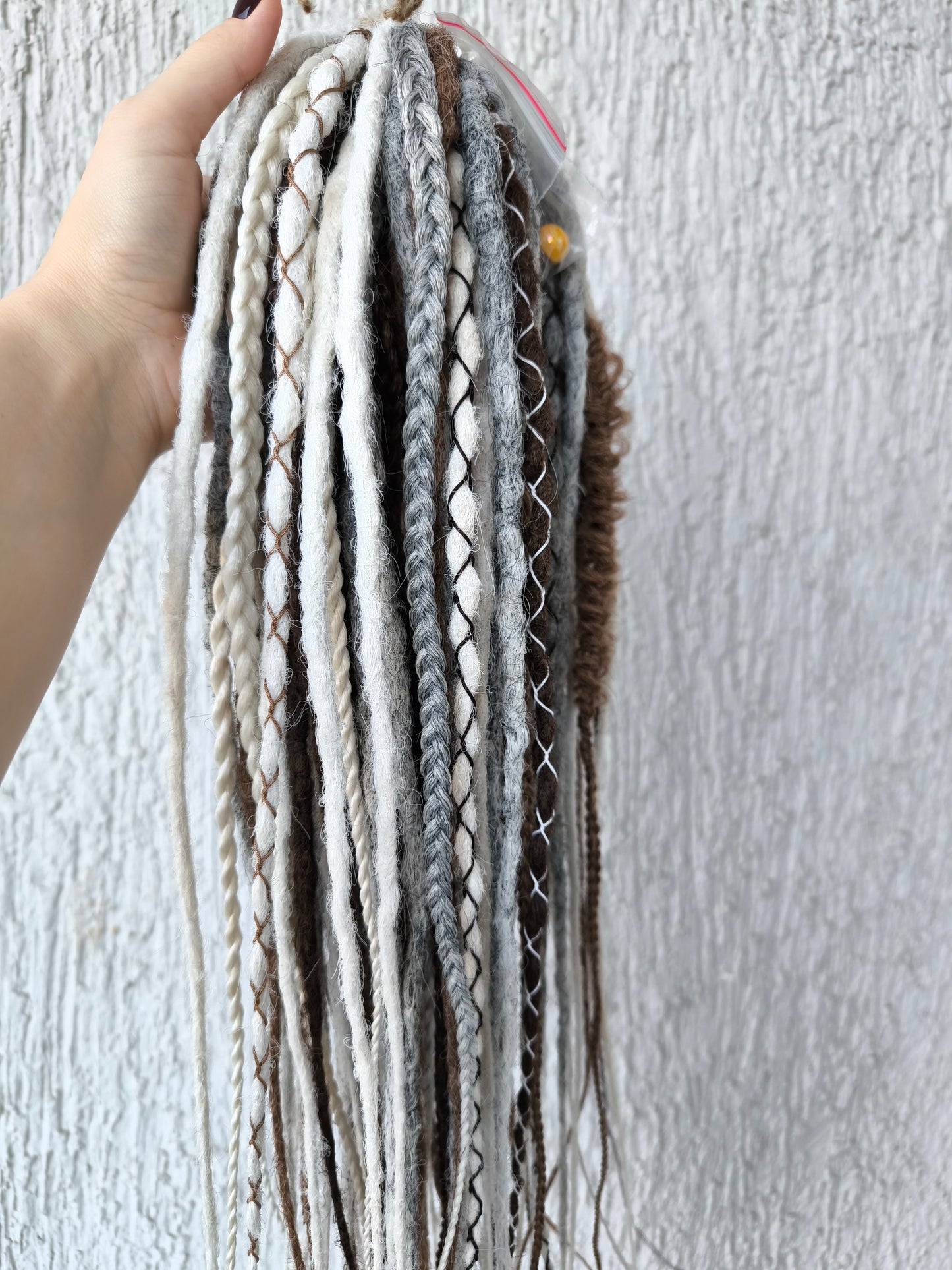 Stonewood - crochet dreads and braids in white, ombre from grey to ash blonde and brown tones.

Length - 22-24 inches (55-60 cm)
Thickness of the dreads and braids - ±0.8-1 cm