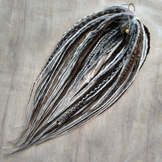 Stonewood - crochet dreads and braids in white, ombre from grey to ash blonde and brown tones.

Length - 22-24 inches (55-60 cm)
Thickness of the dreads and braids - ±0.8-1 cm