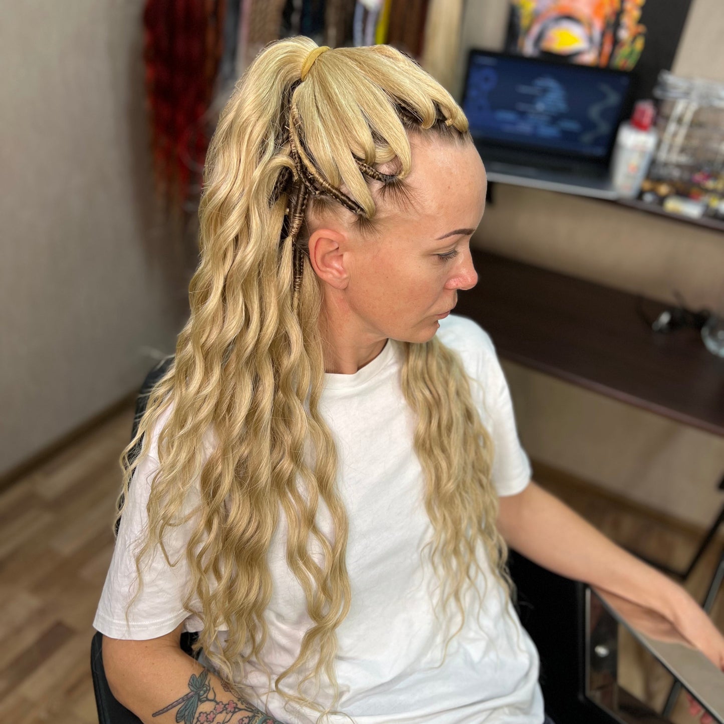 Natural golden blonde  BRUSHABLE synthetic DE dreaded curls (regular, braided middle, or push-up) 