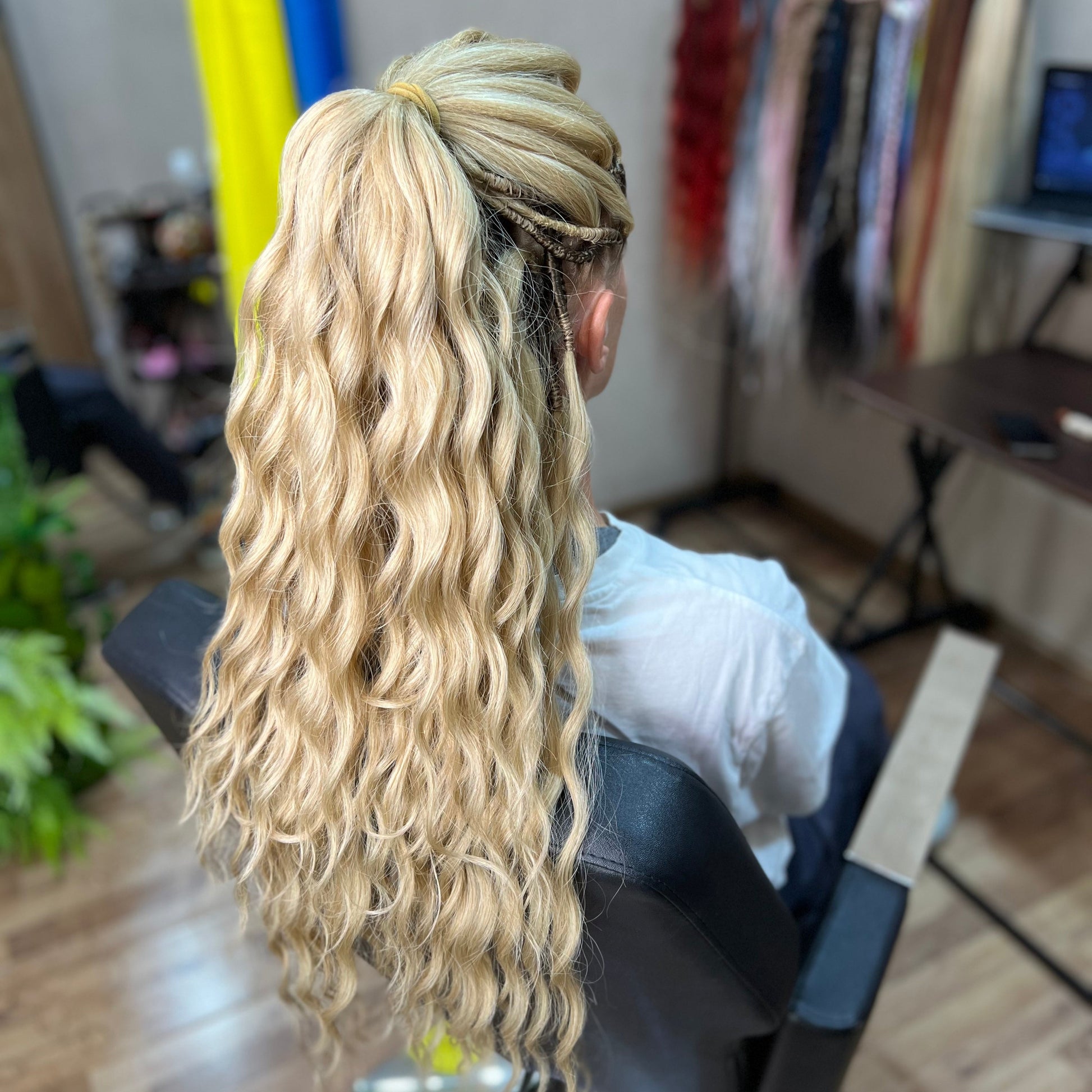 Natural golden blonde  BRUSHABLE synthetic DE dreaded curls (regular, braided middle, or push-up) 