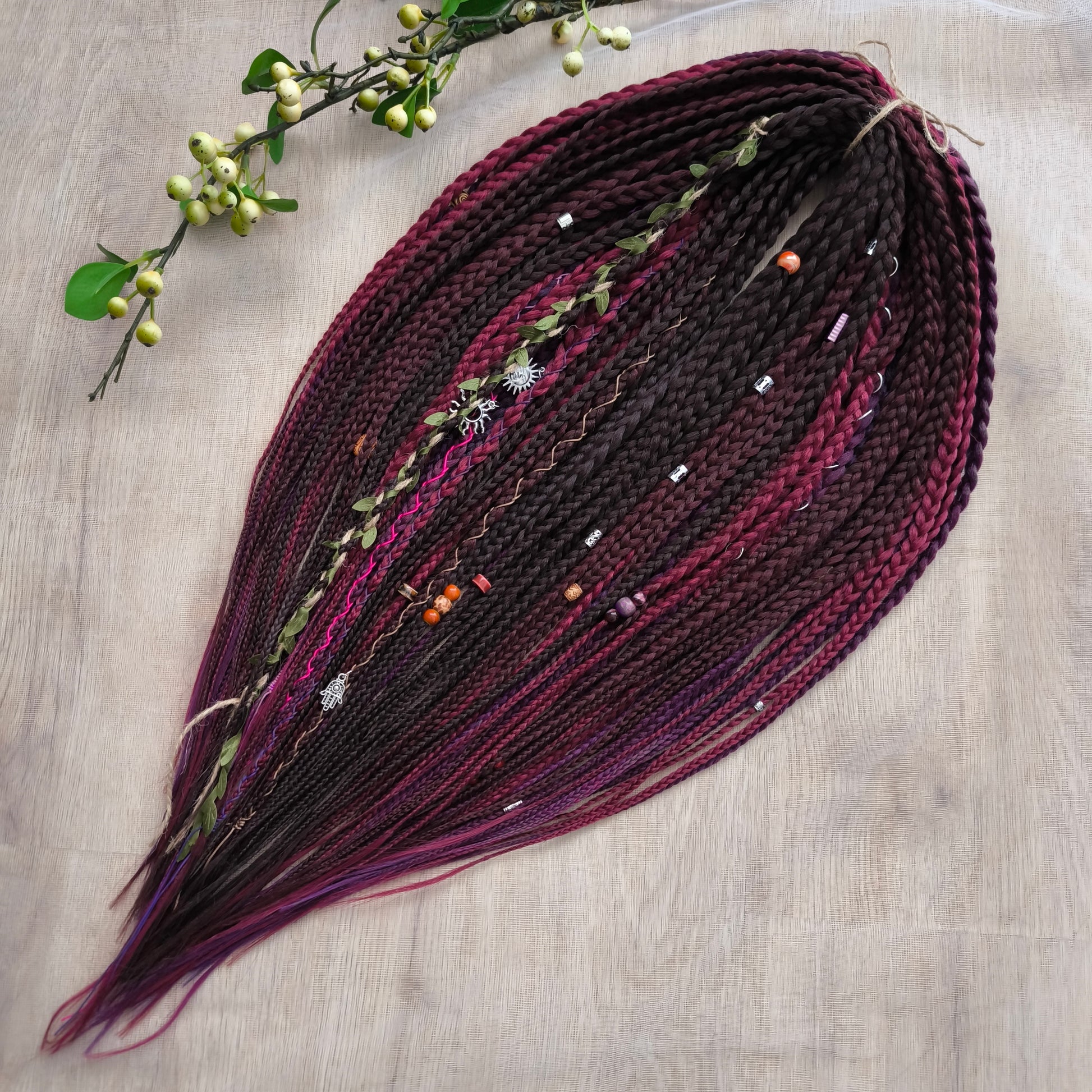 Ready to ship: 55 synthetic double ended braids in brown, maroon, and purple colors 22-24"