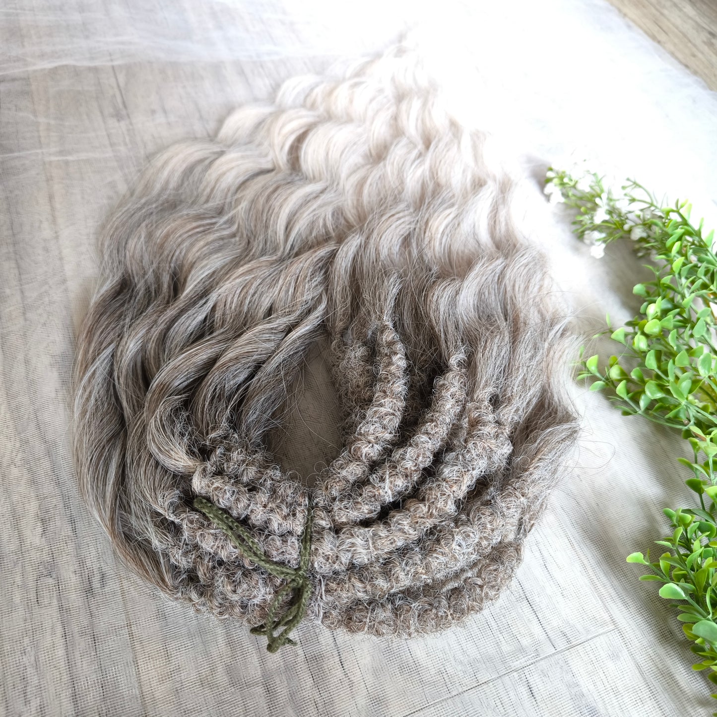 Ombre from dark ash to platinum blonde soft, lightweight, and reusable synthetic brushable double ended wavy dreadlocks (regular dreaded, braided middle, or push-up).


The length:
Standard dreaded - 22-24 inches (55-60 cm), dreaded part ±4-5 inches
Braided middle - 22-24 inches (55-60 cm), braid ±4-5 inches folded (total ±8-10 inches)
Push-up / Dolly - 20-22 inches (50-55 cm), dreaded part ±4 inches (from working side)