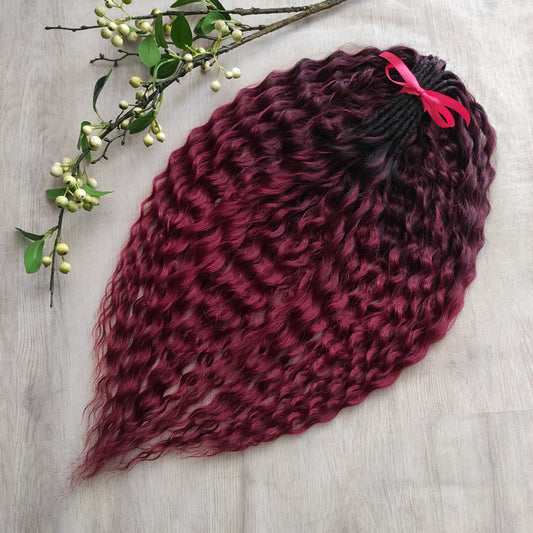 Burgundy dreaded curls (regular or push-up/Dolly): soft synthetic maroon wavy dreadlocks 