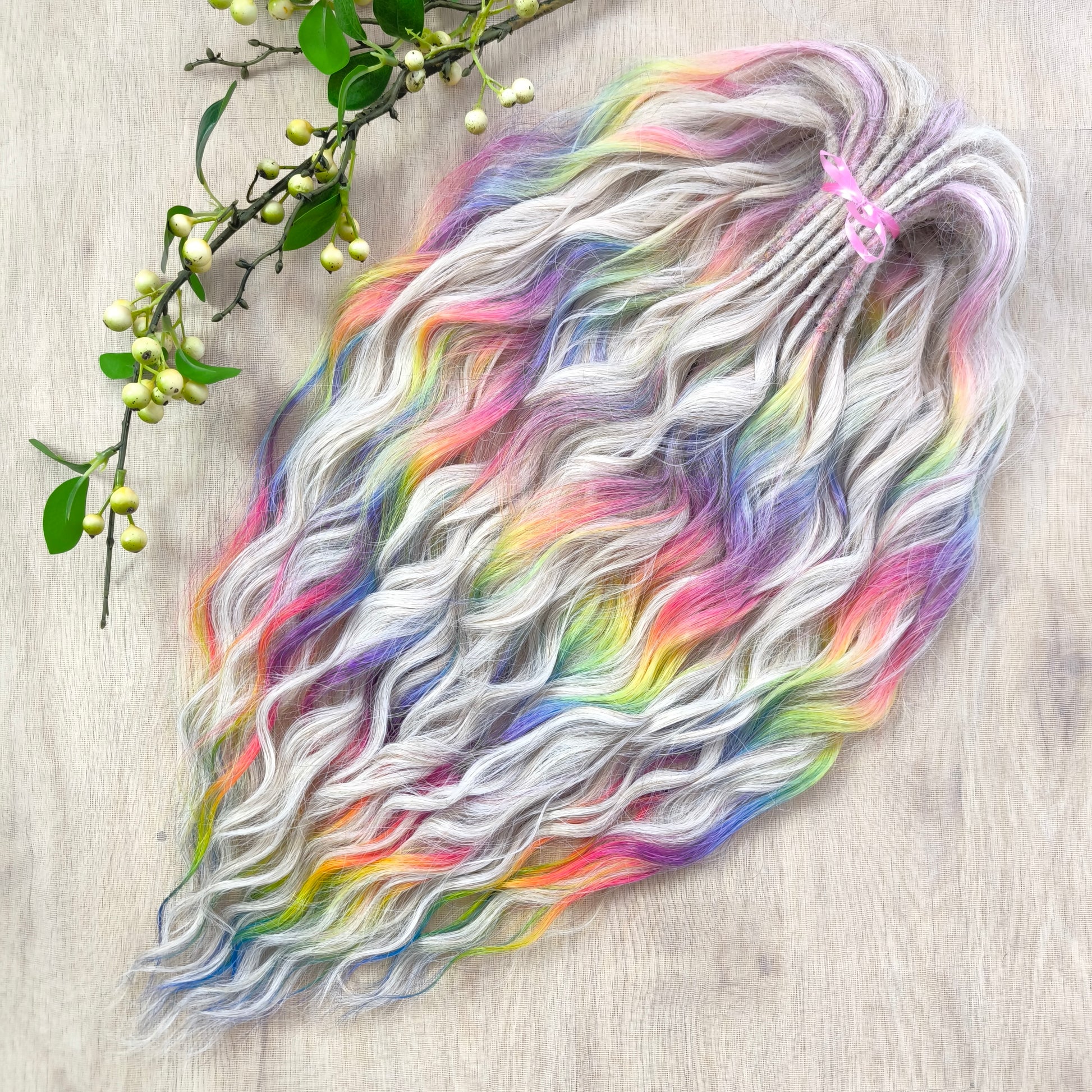 The mix of Platinum blonde and Rainbow/glitch/prism effect (2/3 parts of blonde + 1/3 part of rainbow) soft, lightweight, and reusable synthetic brushable double ended wavy dreadlocks (regular dreaded or push-up).