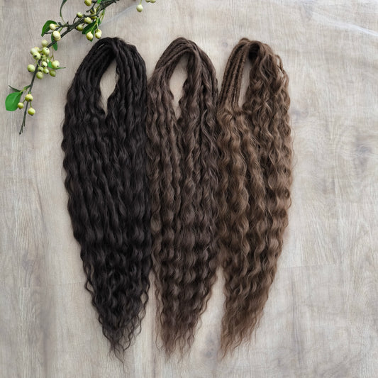 Soft, lightweight, and reusable synthetic sets of regular double ended curls (NOT BRUSHABLE) in brown shades:

1. dark chocolate brown;
2. middle brown
3. light brown