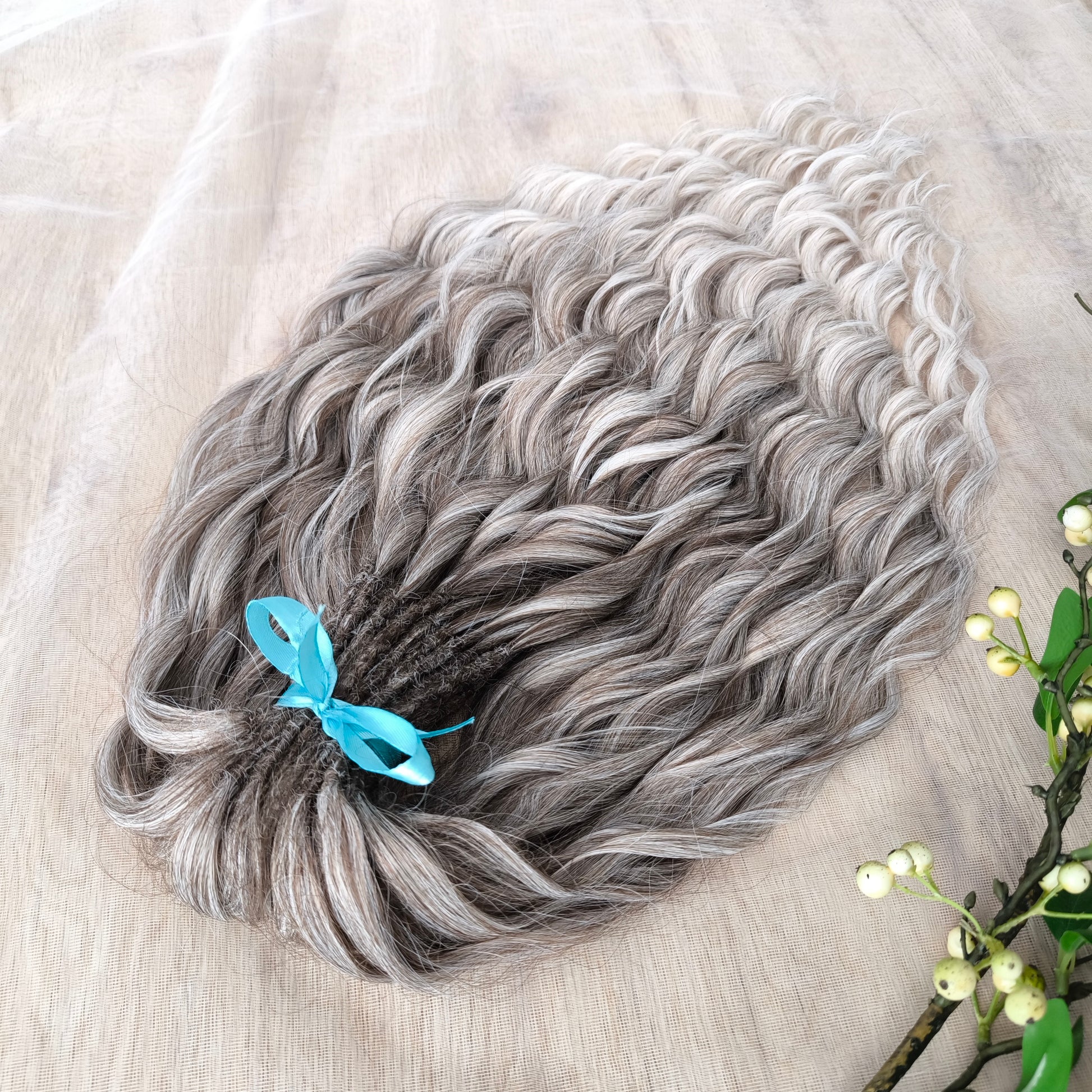 Ombre from dark ash to platinum blonde soft, lightweight, and reusable synthetic brushable double ended wavy dreadlocks (regular dreaded, braided middle, or push-up).


The length:
Standard dreaded - 22-24 inches (55-60 cm), dreaded part ±4-5 inches
Braided middle - 22-24 inches (55-60 cm), braid ±4-5 inches folded (total ±8-10 inches)
Push-up / Dolly - 20-22 inches (50-55 cm), dreaded part ±4 inches (from working side)