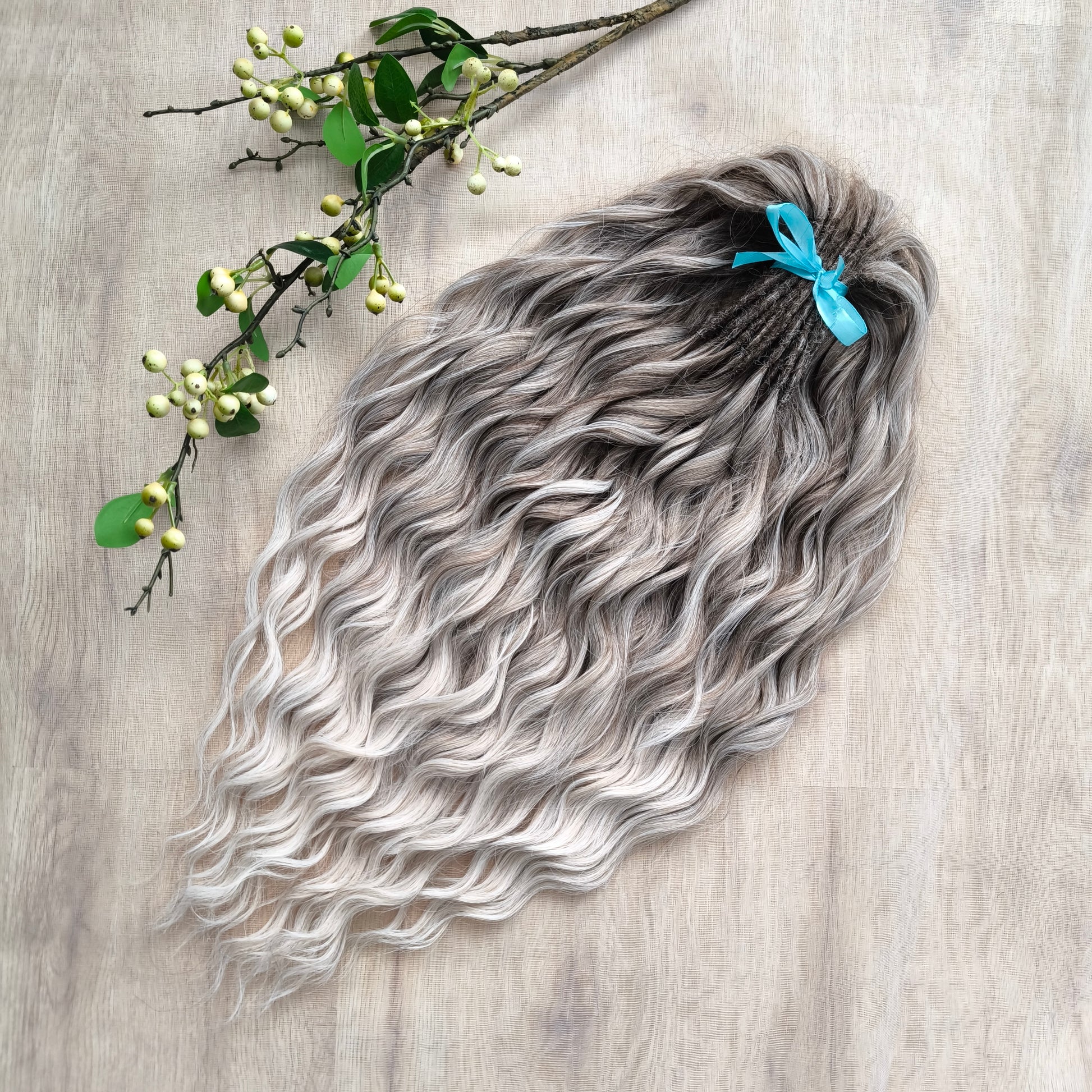 Ombre from dark ash to platinum blonde soft, lightweight, and reusable synthetic brushable double ended wavy dreadlocks (regular dreaded, braided middle, or push-up).


The length:
Standard dreaded - 22-24 inches (55-60 cm), dreaded part ±4-5 inches
Braided middle - 22-24 inches (55-60 cm), braid ±4-5 inches folded (total ±8-10 inches)
Push-up / Dolly - 20-22 inches (50-55 cm), dreaded part ±4 inches (from working side)