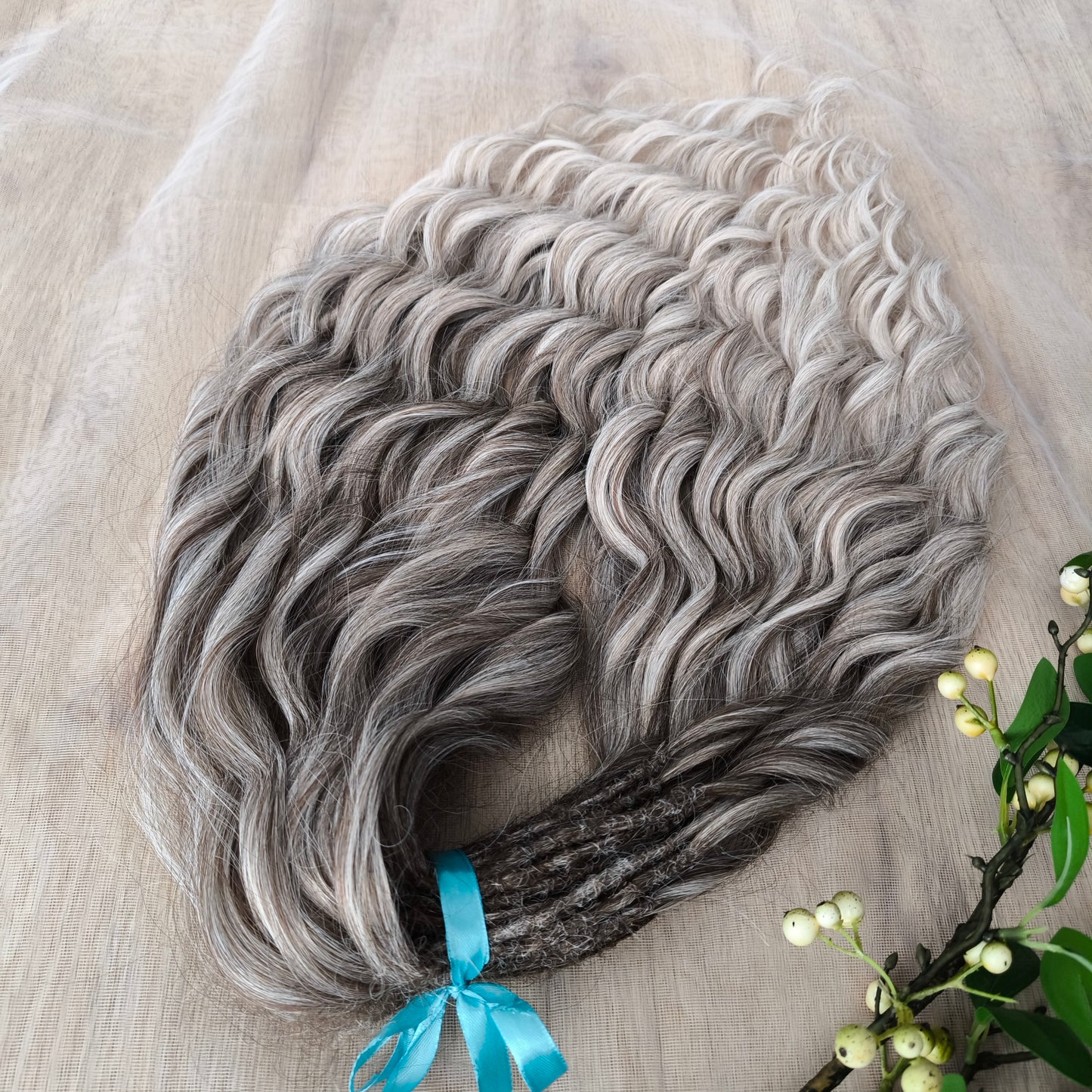 Ombre from dark ash to platinum blonde soft, lightweight, and reusable synthetic brushable double ended wavy dreadlocks (regular dreaded, braided middle, or push-up).


The length:
Standard dreaded - 22-24 inches (55-60 cm), dreaded part ±4-5 inches
Braided middle - 22-24 inches (55-60 cm), braid ±4-5 inches folded (total ±8-10 inches)
Push-up / Dolly - 20-22 inches (50-55 cm), dreaded part ±4 inches (from working side)
