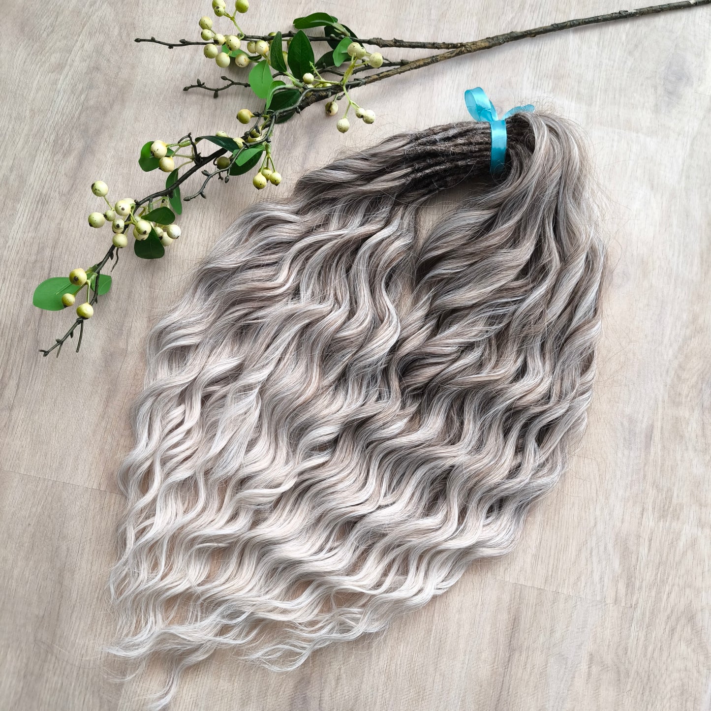 Ombre from dark ash to platinum blonde soft, lightweight, and reusable synthetic brushable double ended wavy dreadlocks (regular dreaded, braided middle, or push-up).


The length:
Standard dreaded - 22-24 inches (55-60 cm), dreaded part ±4-5 inches
Braided middle - 22-24 inches (55-60 cm), braid ±4-5 inches folded (total ±8-10 inches)
Push-up / Dolly - 20-22 inches (50-55 cm), dreaded part ±4 inches (from working side)