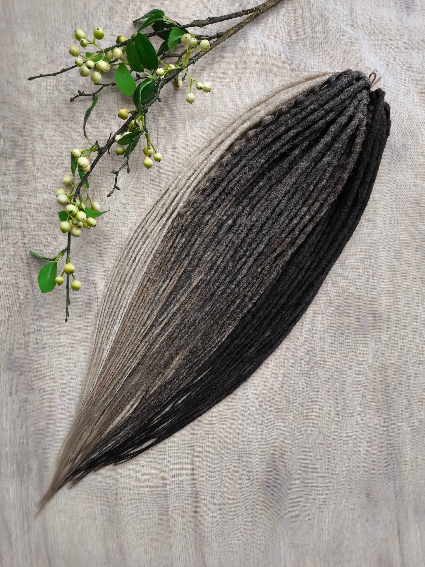 Wheat & Cocoa - a warm, natural blend of crochet dreads in wheat blonde, dark blonde with a smooth ombré transition, brown, and rich cocoa tones.

Length - 22-24 inches (55-60 cm)
Thickness of the dreads - ±0.8-1 cm