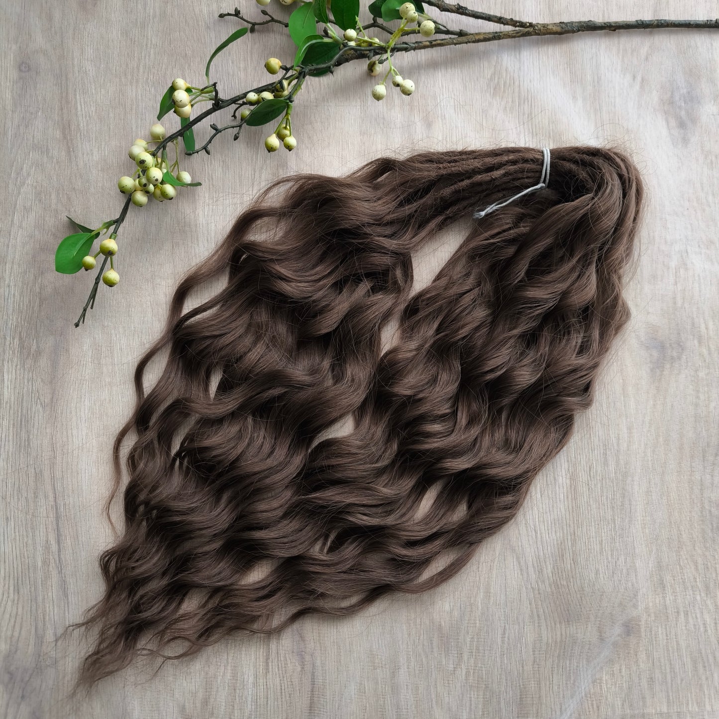 brown soft, lightweight, and reusable synthetic brushable double ended wavy dreadlocks (regular dreaded, braided middle or push-up).