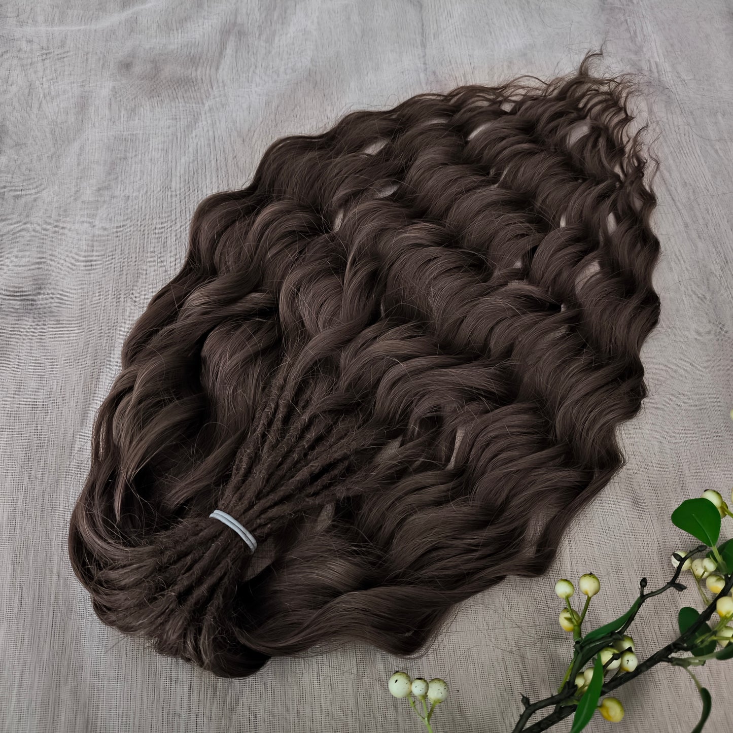 brown soft, lightweight, and reusable synthetic brushable double ended wavy dreadlocks (regular dreaded, braided middle or push-up).