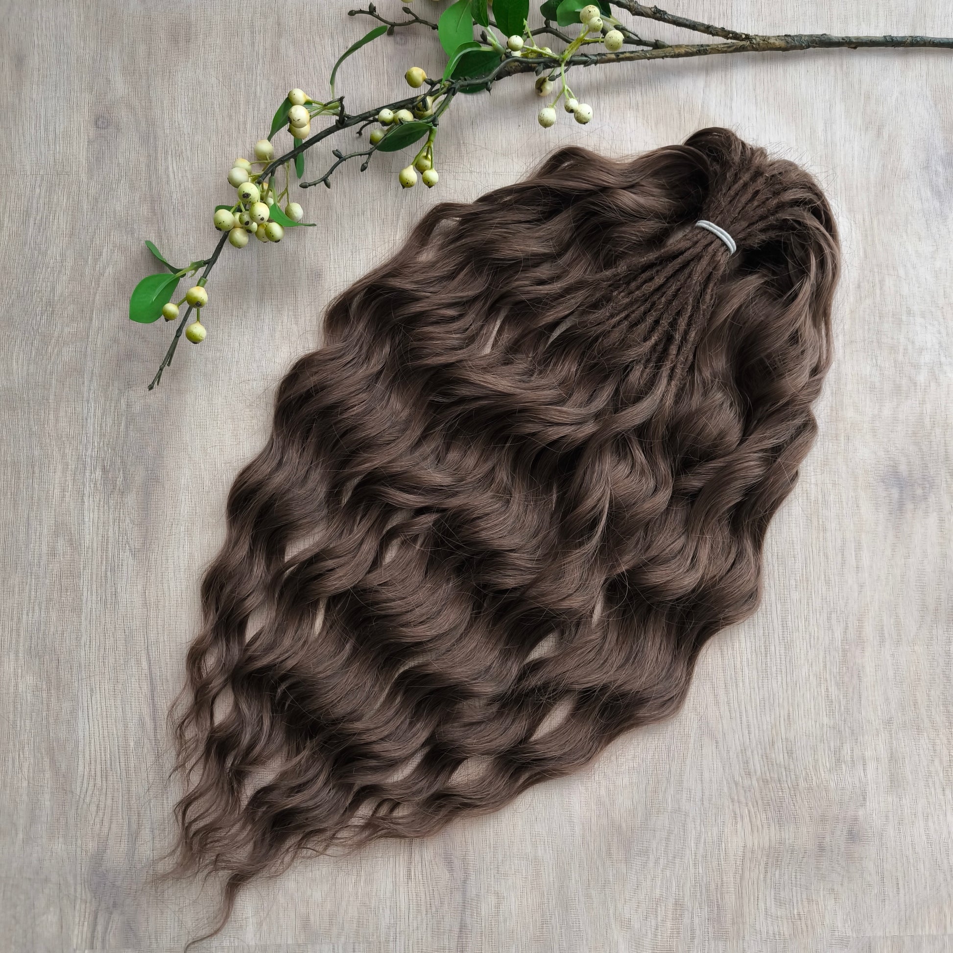 brown soft, lightweight, and reusable synthetic brushable double ended wavy dreadlocks (regular dreaded, braided middle or push-up).