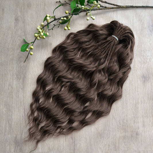 brown soft, lightweight, and reusable synthetic brushable double ended wavy dreadlocks (regular dreaded, braided middle or push-up).
