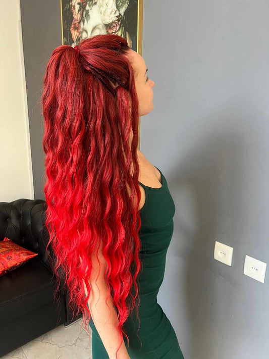 Ombre dark red to bloody red brushable, soft, lightweight, and reusable synthetic dreaded curls (standard dreaded or push-up)