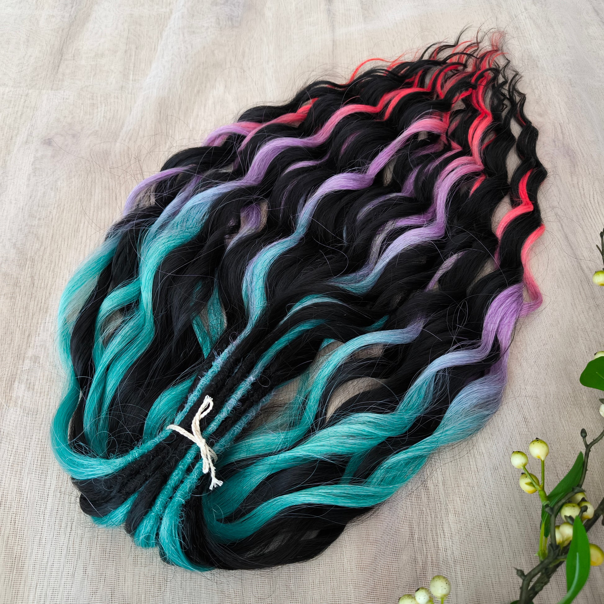 Little Mermaid - Colorful Rainbow prism (ombre from emerald green to lavender purple and vibrant red), soft, lightweight, and reusable synthetic sets of wavy double ended brushable dreadlocks (regular dreaded or push-up).