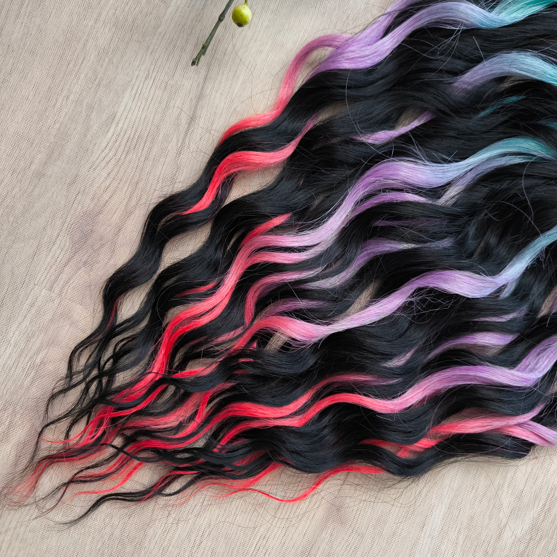 Little Mermaid - Black and Colorful Rainbow prism (ombre from emerald green to lavender purple and vibrant red), soft, lightweight, and reusable synthetic sets of wavy double ended brushable dreadlocks (regular dreaded or push-up).