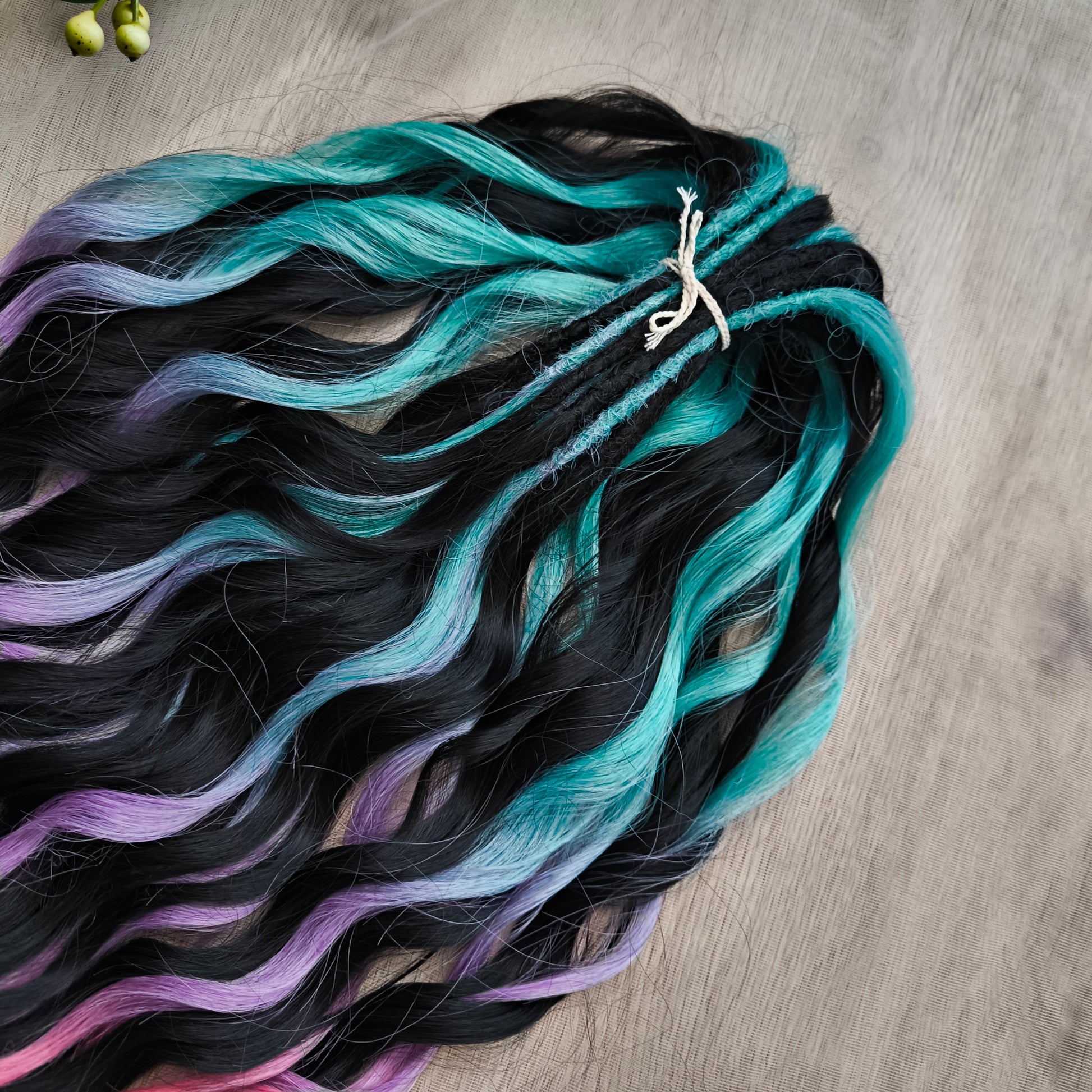 Little Mermaid - Black and Colorful Rainbow prism (ombre from emerald green to lavender purple and vibrant red), soft, lightweight, and reusable synthetic sets of wavy double ended brushable dreadlocks (regular dreaded or push-up).
