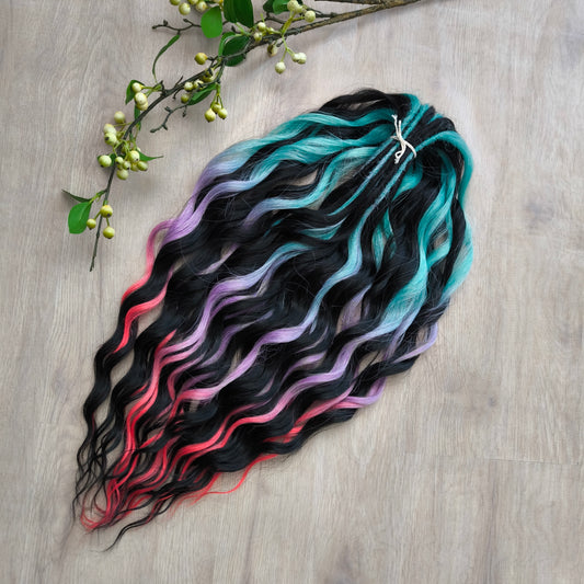 Little Mermaid - Colorful Rainbow prism (ombre from emerald green to lavender purple and vibrant red), soft, lightweight, and reusable synthetic sets of wavy double ended brushable dreadlocks (regular dreaded or push-up).
