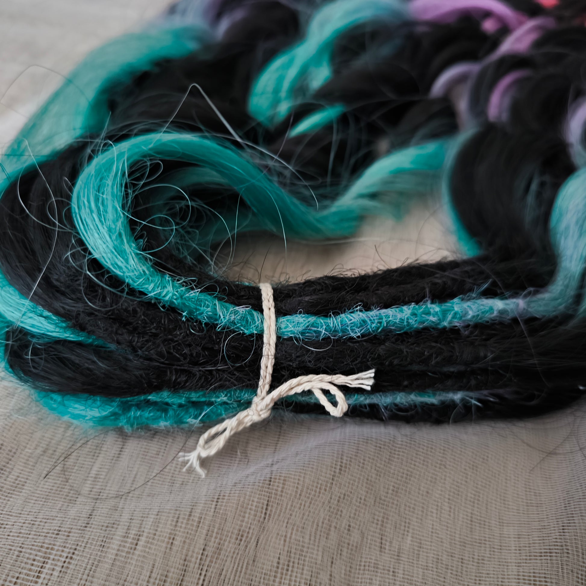 Little Mermaid - Black and Colorful Rainbow prism (ombre from emerald green to lavender purple and vibrant red), soft, lightweight, and reusable synthetic sets of wavy double ended brushable dreadlocks (regular dreaded or push-up).