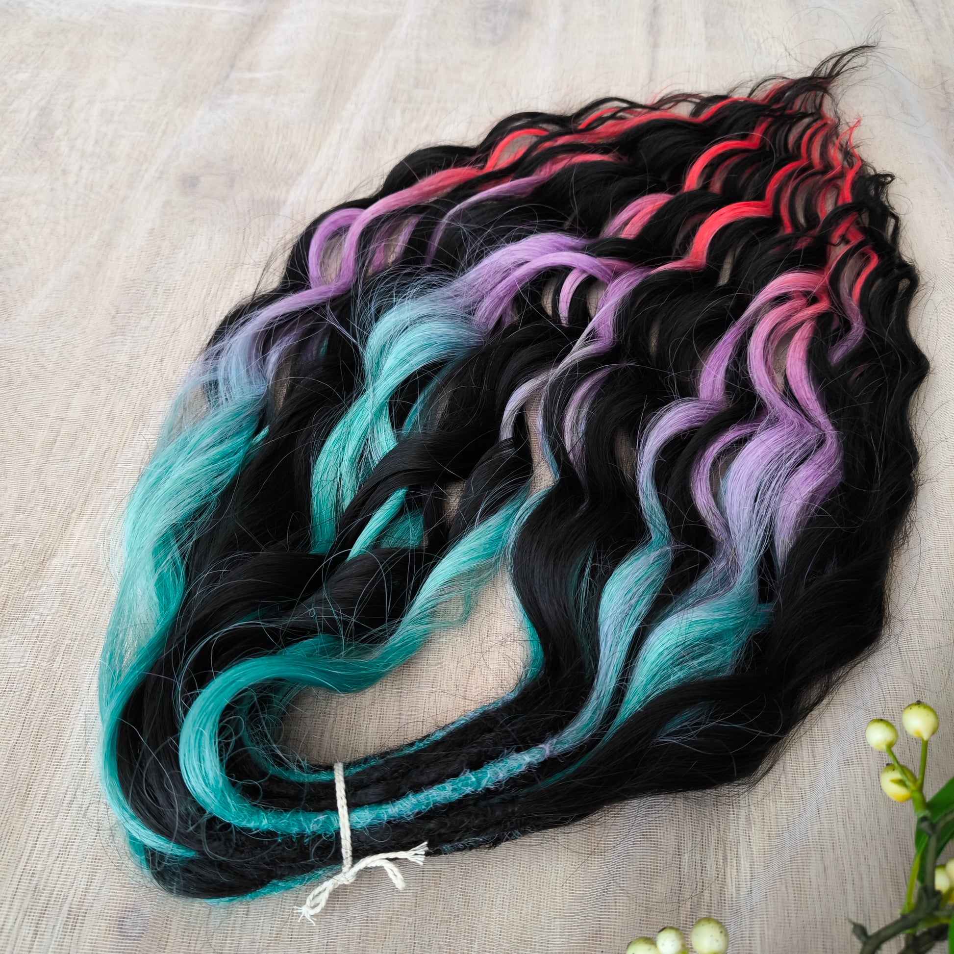 Little Mermaid - Black and Colorful Rainbow prism (ombre from emerald green to lavender purple and vibrant red), soft, lightweight, and reusable synthetic sets of wavy double ended brushable dreadlocks (regular dreaded or push-up).