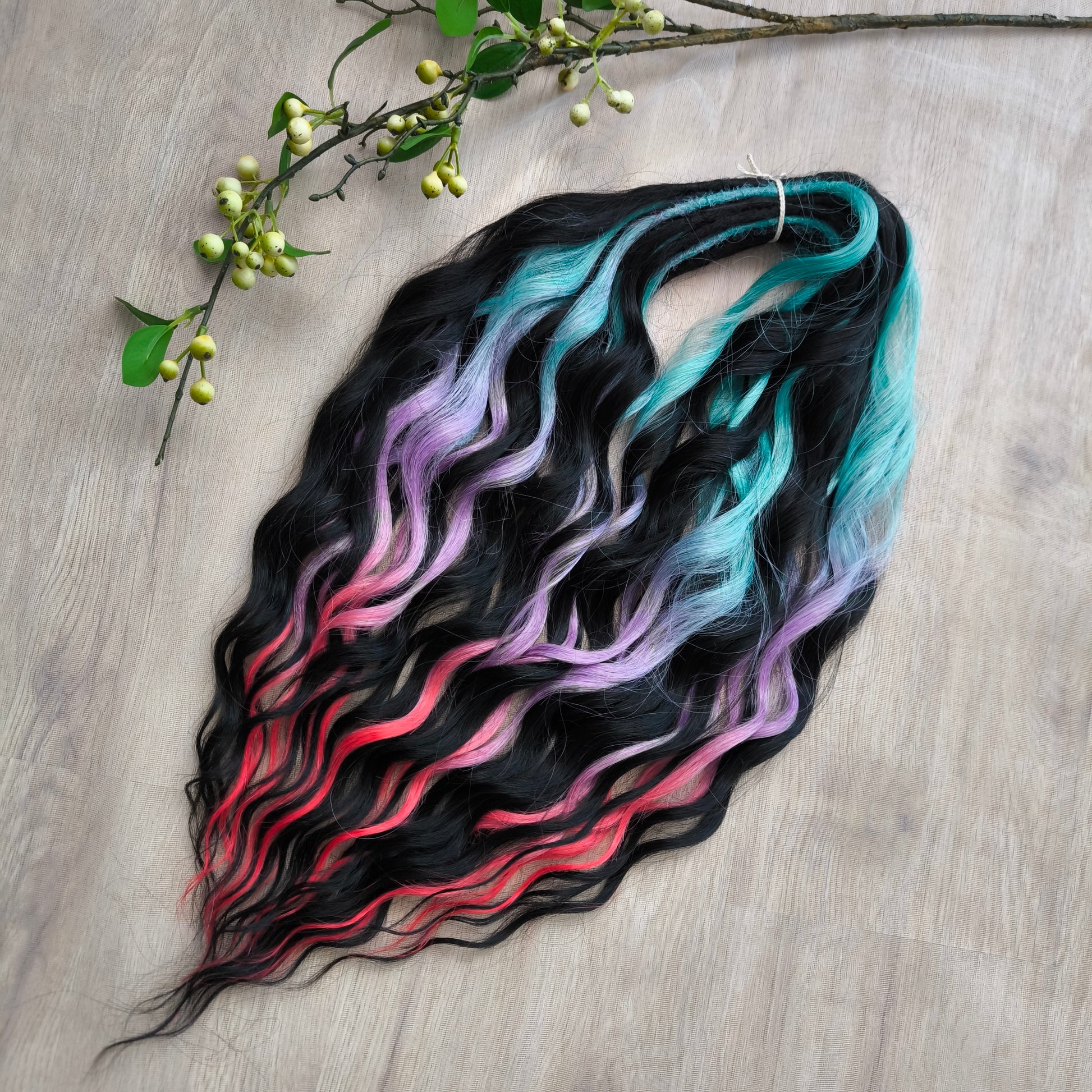 Little Mermaid - Black and Colorful Rainbow prism (ombre from emerald green to lavender purple and vibrant red), soft, lightweight, and reusable synthetic sets of wavy double ended brushable dreadlocks (regular dreaded or push-up).
