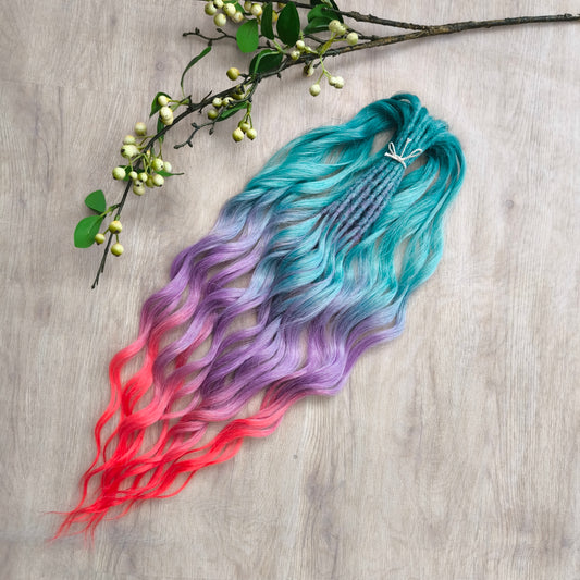 Colorful Rainbow prism (ombre from green to purple and red), soft, lightweight, and reusable synthetic sets of wavy double ended brushable dreadlocks.