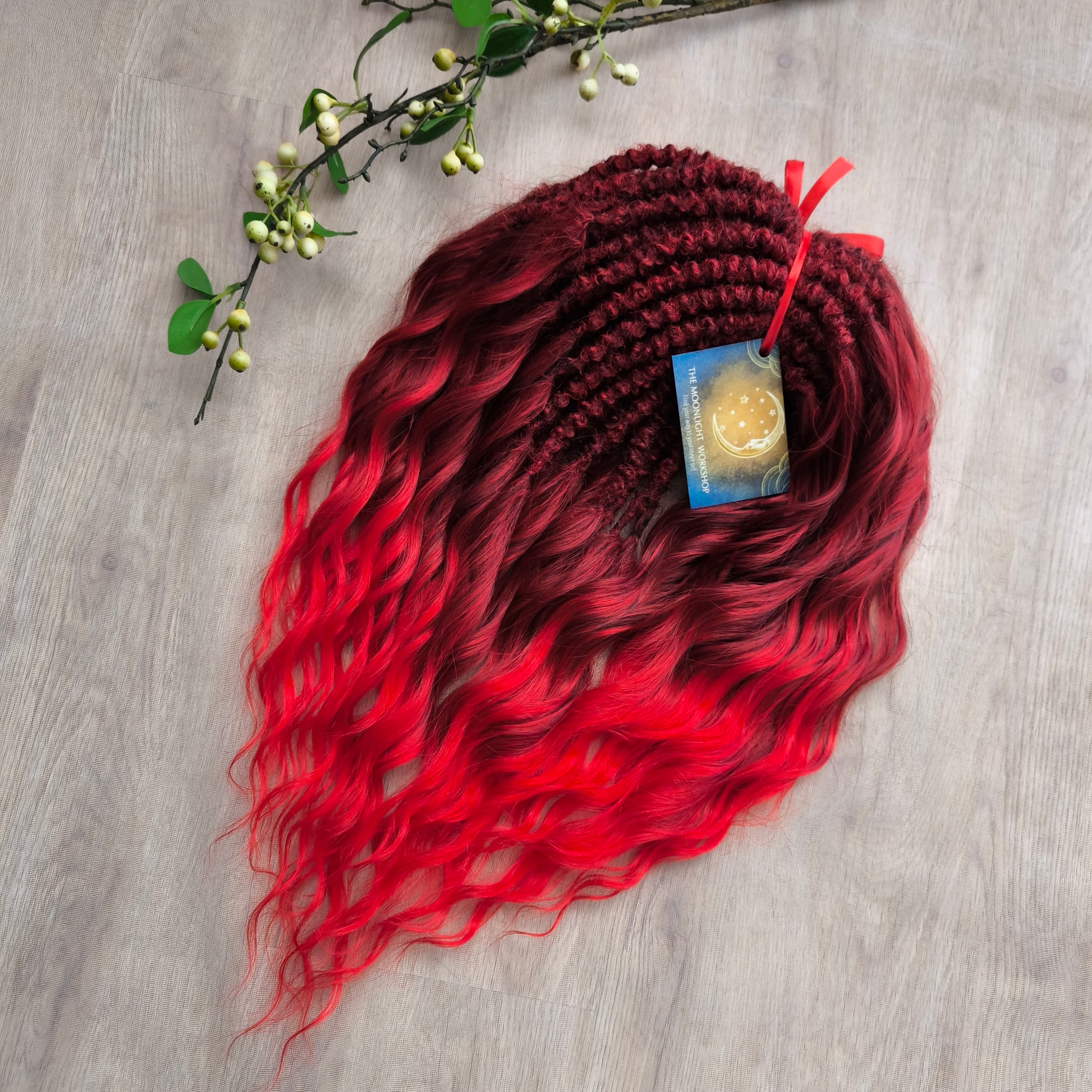 Ombre dark red to bloody red brushable, soft, lightweight, and reusable synthetic dreaded curls (standard dreaded or push-up)