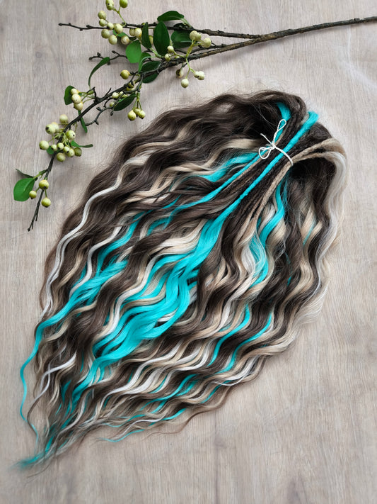 Brown, 2 shades of blonde, and turquoise green soft, lightweight, and reusable synthetic brushable double-ended wavy dreadlocks (regular dreaded or push-up)