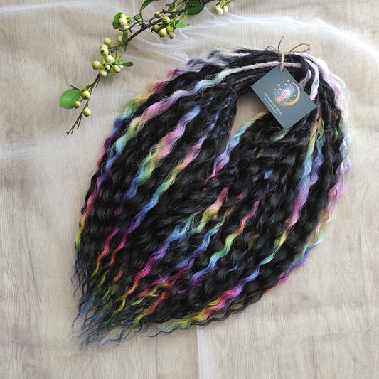 The mix of Black and Rainbow/glitch/prism effect soft, lightweight, and reusable synthetic brushable double ended wavy dreadlocks (NOT BRUSHABLE).