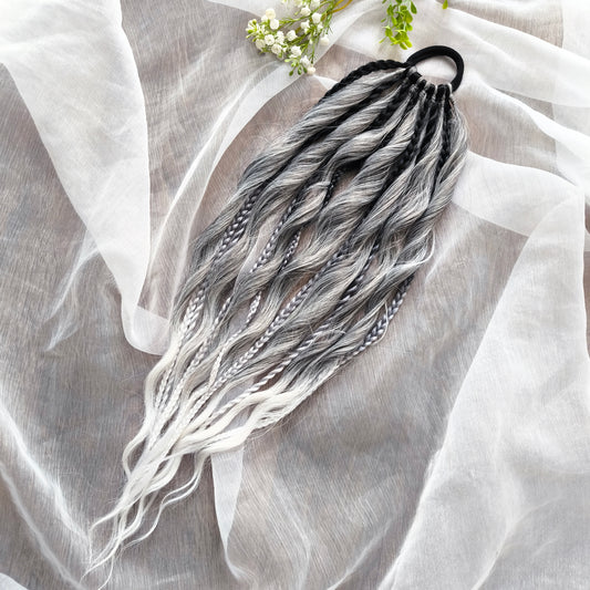 Grey, black, and white braids and curls on an elastic band — a simple way to transform a ponytail without installing a set