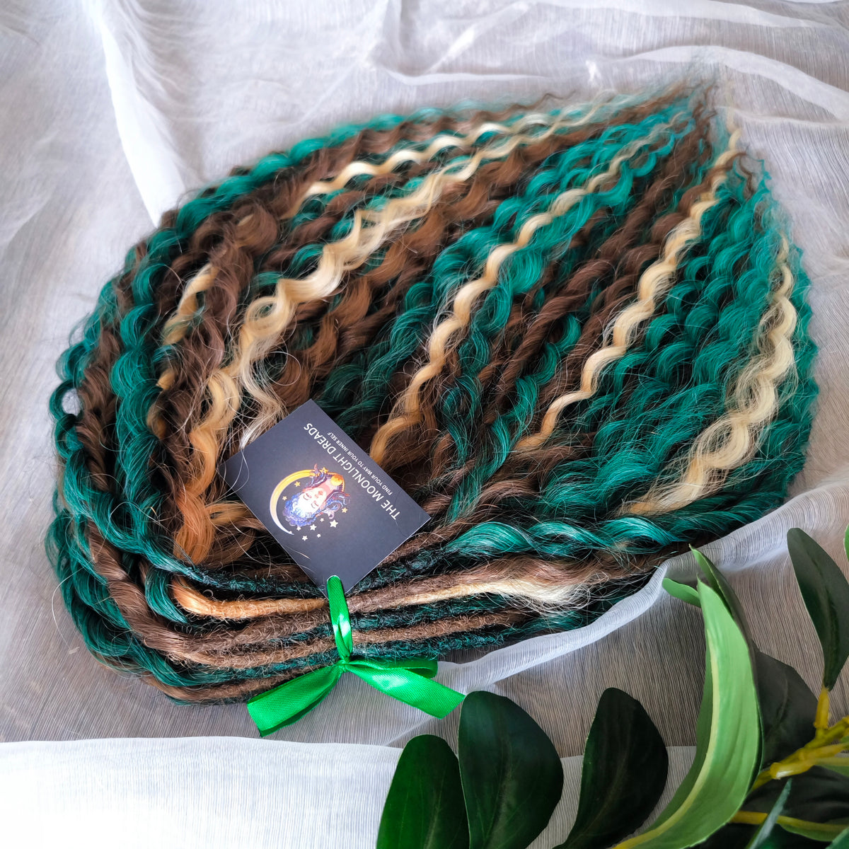 Dusky Grove - 50 double ended ready-to-ship, 2 shades of brown, golden blonde, forest green synthetic non-brushable wavy dreadlocks. Soft, lightweight, and reusable, woodland-inspired blend with a touch of dark, mysterious magic.