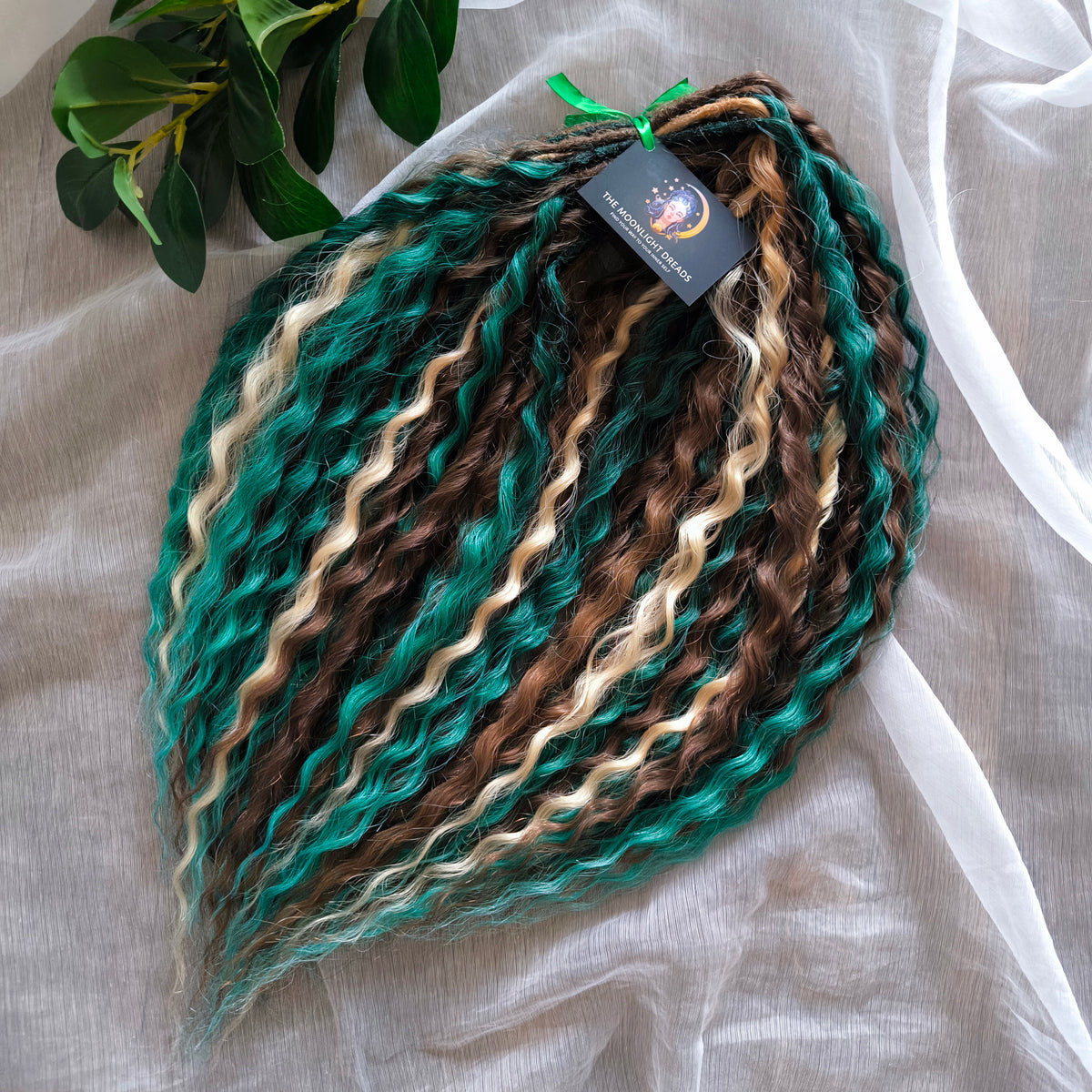Dusky Grove - 50 double ended ready-to-ship, 2 shades of brown, golden blonde, forest green synthetic non-brushable wavy dreadlocks. Soft, lightweight, and reusable, woodland-inspired blend with a touch of dark, mysterious magic.
