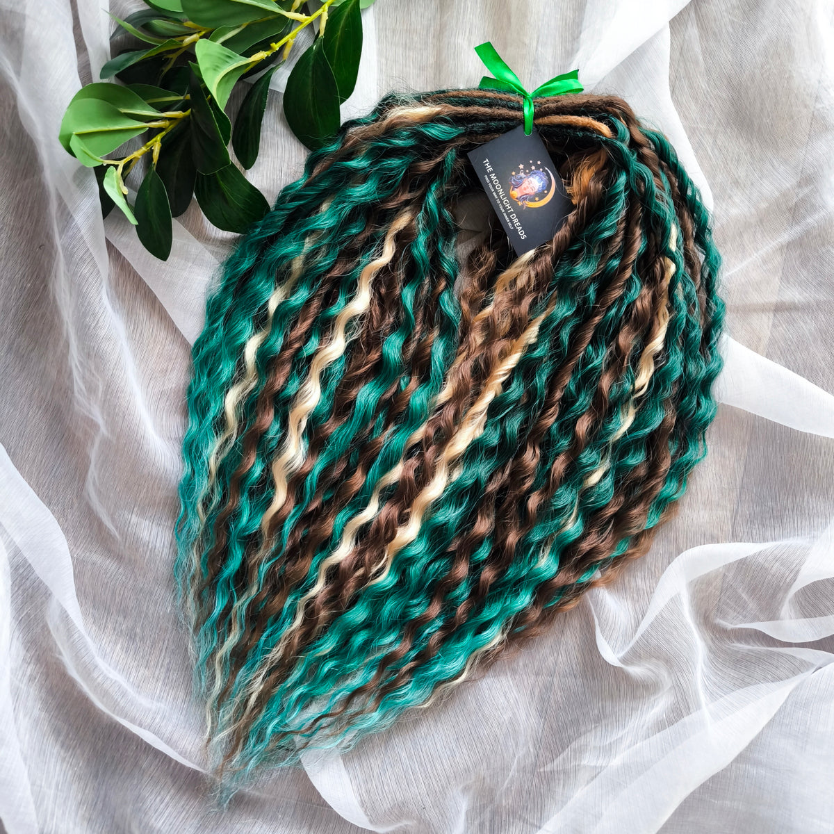 Dusky Grove - 50 double ended ready-to-ship, 2 shades of brown, golden blonde, forest green synthetic non-brushable wavy dreadlocks. Soft, lightweight, and reusable, woodland-inspired blend with a touch of dark, mysterious magic.