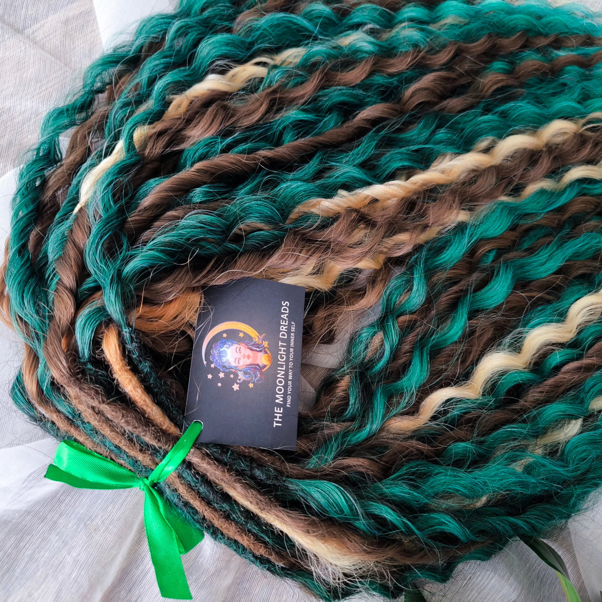 Dusky Grove - 50 double ended ready-to-ship, 2 shades of brown, golden blonde, forest green synthetic non-brushable wavy dreadlocks. Soft, lightweight, and reusable, woodland-inspired blend with a touch of dark, mysterious magic.