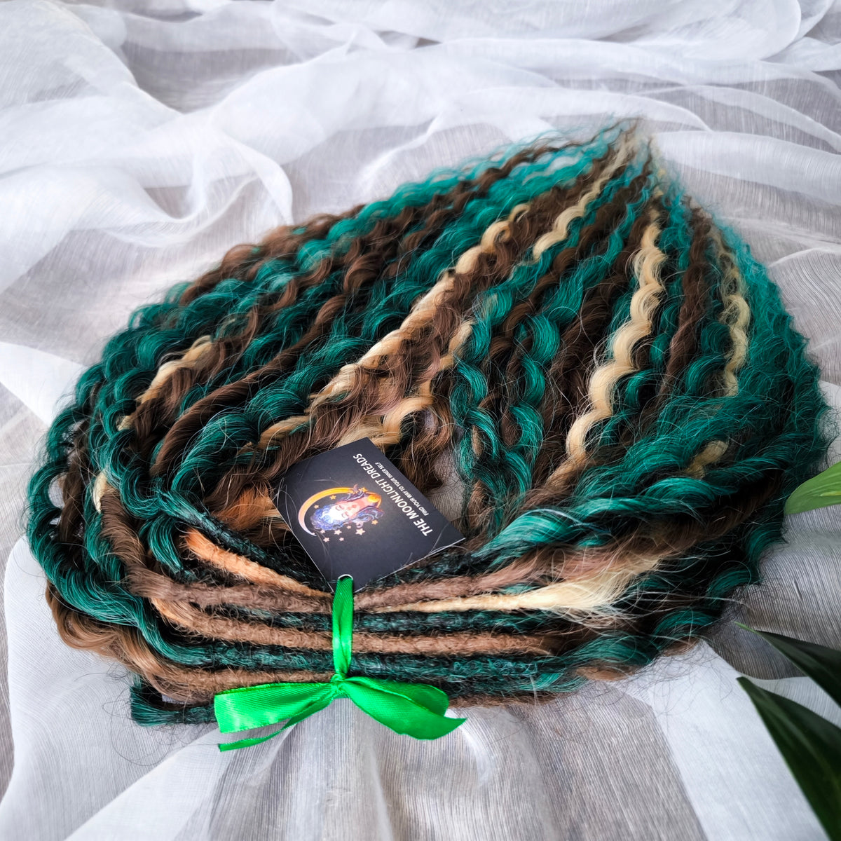 Dusky Grove - 50 double ended ready-to-ship, 2 shades of brown, golden blonde, forest green synthetic non-brushable wavy dreadlocks. Soft, lightweight, and reusable, woodland-inspired blend with a touch of dark, mysterious magic.