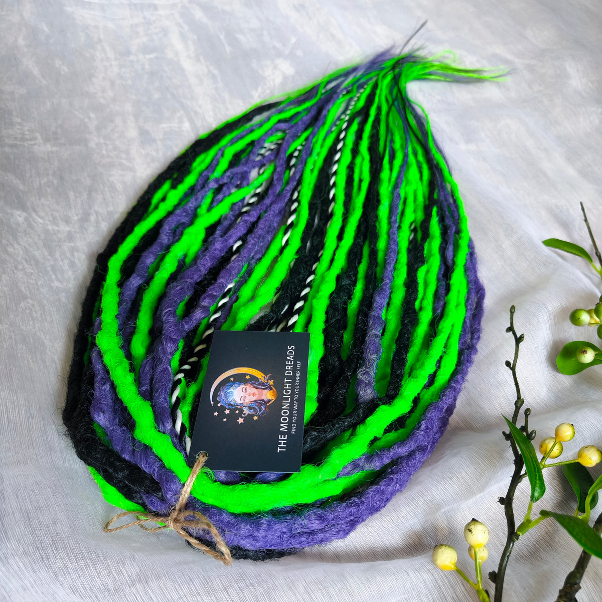 Beetlejuice - 30 DE Black, purple, and vibrant green synthetic set of double ended crochet textured dreads and Senegalese twists