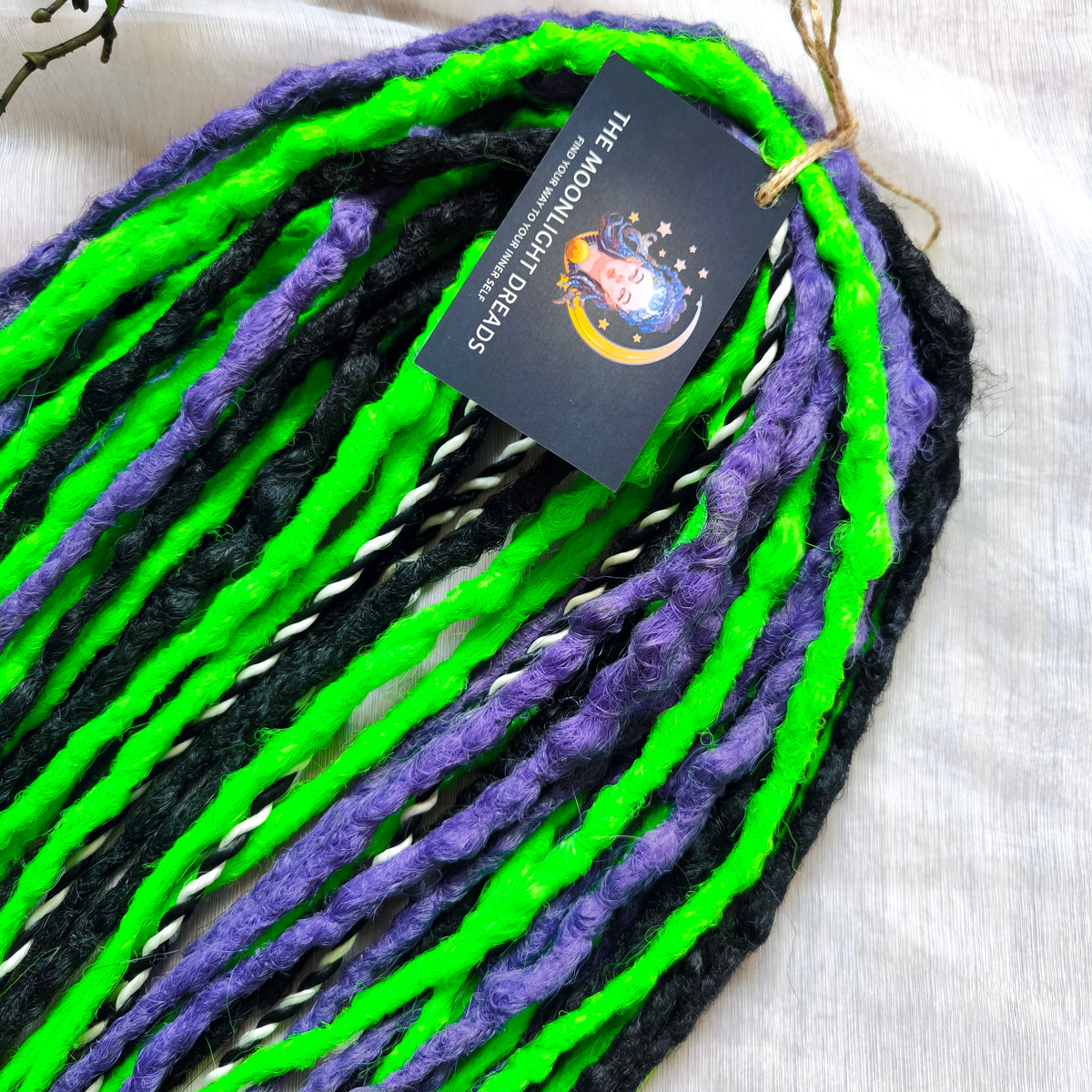 Beetlejuice - 30 DE Black, purple, and vibrant green synthetic set of double ended crochet textured dreads and Senegalese twists