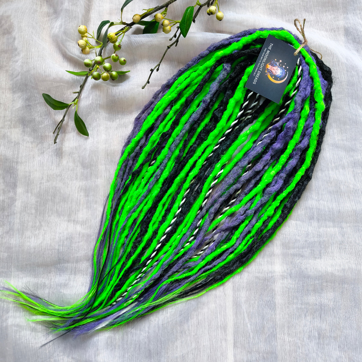 Beetlejuice - 30 DE Black, purple, and vibrant green synthetic set of double ended crochet textured dreads and Senegalese twists
