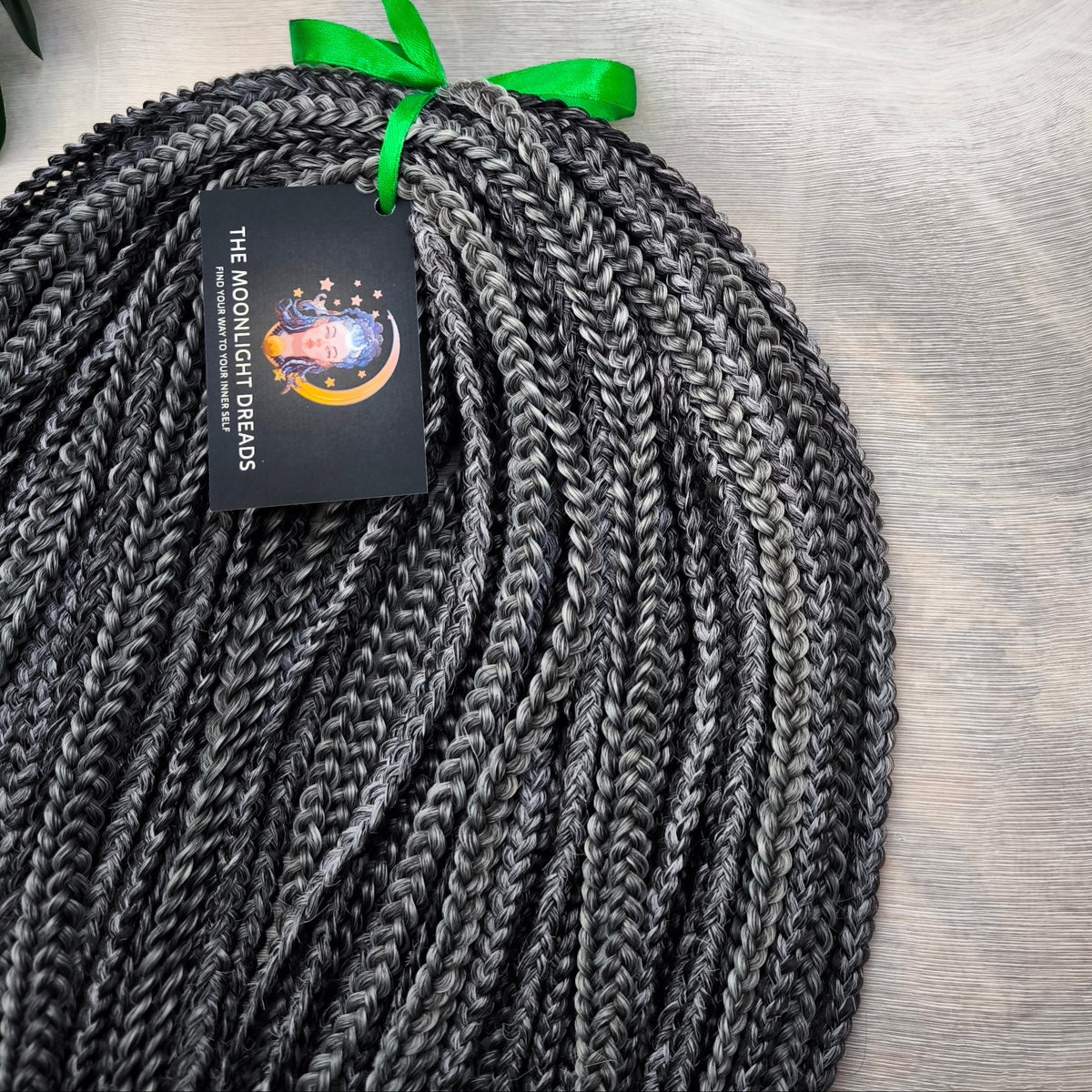 Black Amethyst - 50 double ended ready-to-ship black and silver/grey synthetic 3D/stereo/heart braids. Soft, lightweight, and reusable dark mysterious monochromatic blend. 