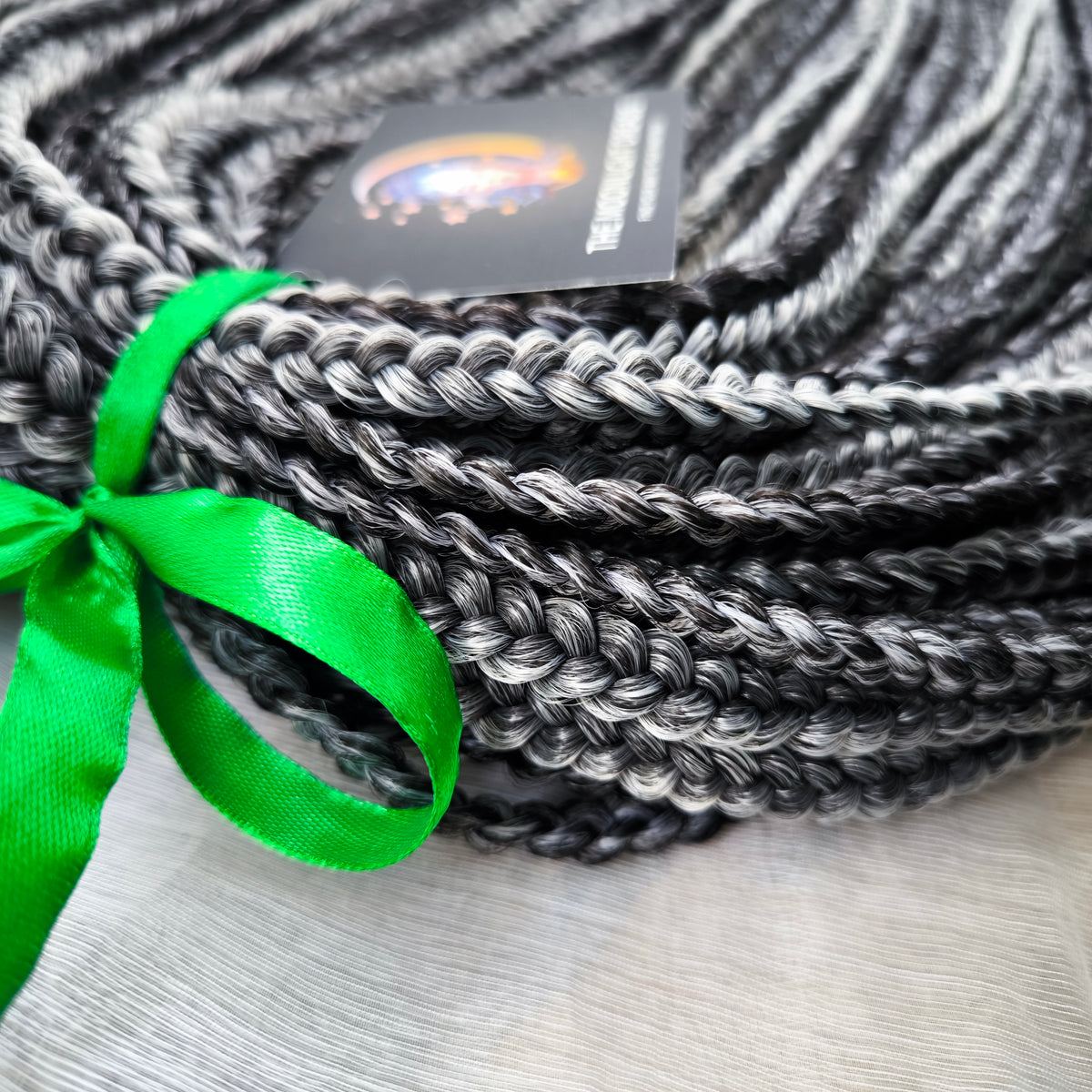 Black Amethyst - 50 double ended ready-to-ship black and silver/grey synthetic 3D/stereo/heart braids. Soft, lightweight, and reusable dark mysterious monochromatic blend. 