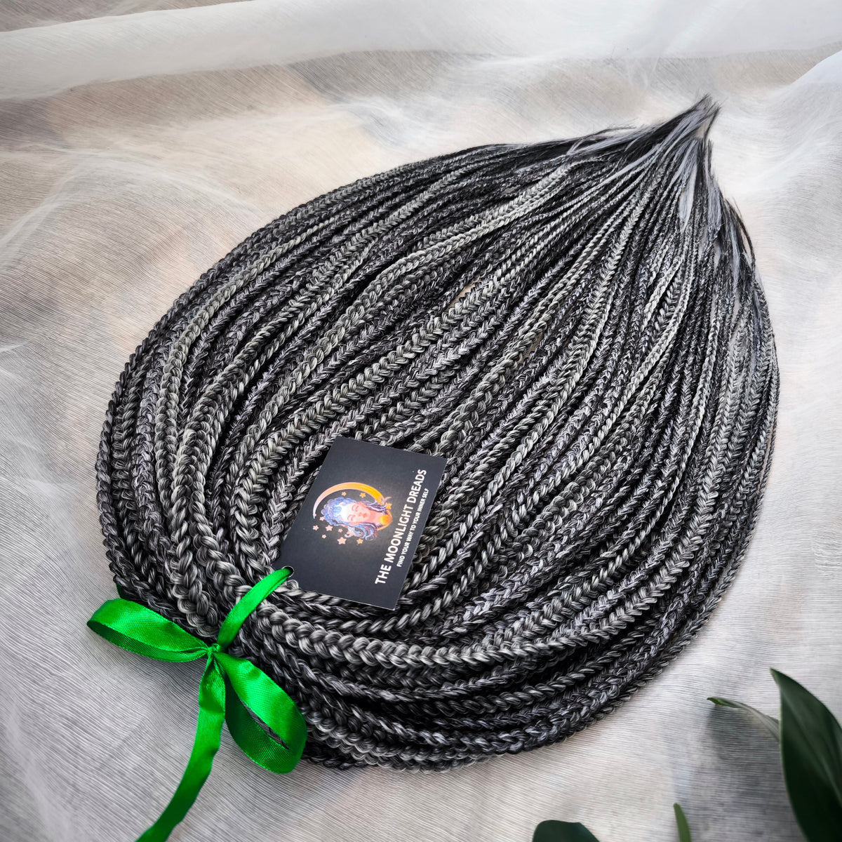 Black Amethyst - 50 double ended ready-to-ship black and silver/grey synthetic 3D/stereo/heart braids. Soft, lightweight, and reusable dark mysterious monochromatic blend. 