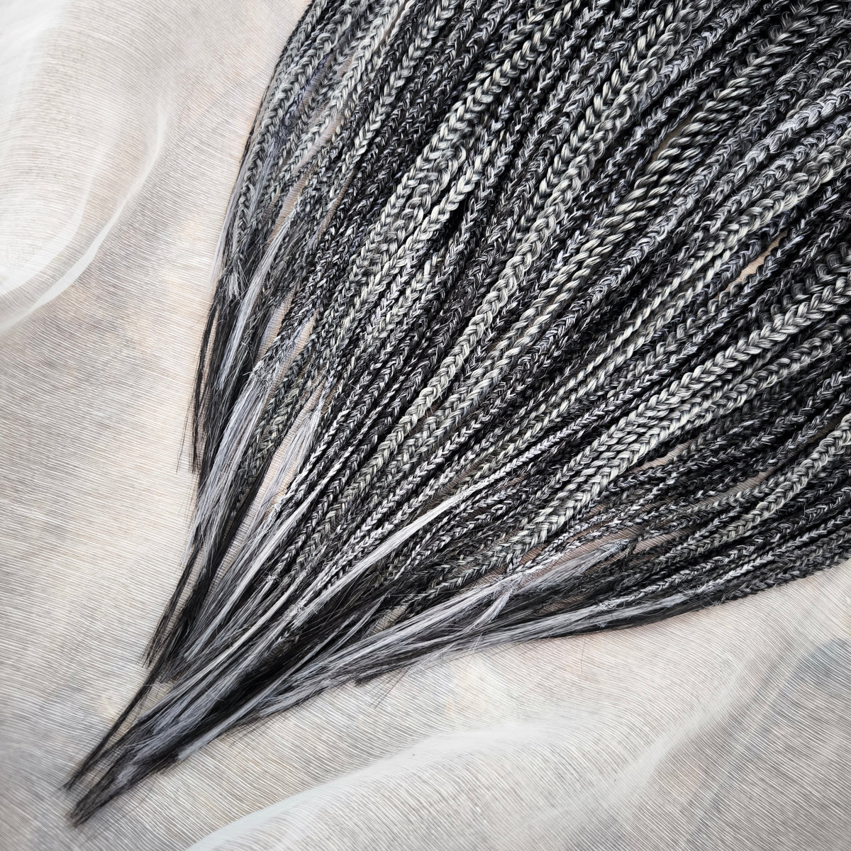 Black Amethyst - 50 double ended ready-to-ship black and silver/grey synthetic 3D/stereo/heart braids. Soft, lightweight, and reusable dark mysterious monochromatic blend. 