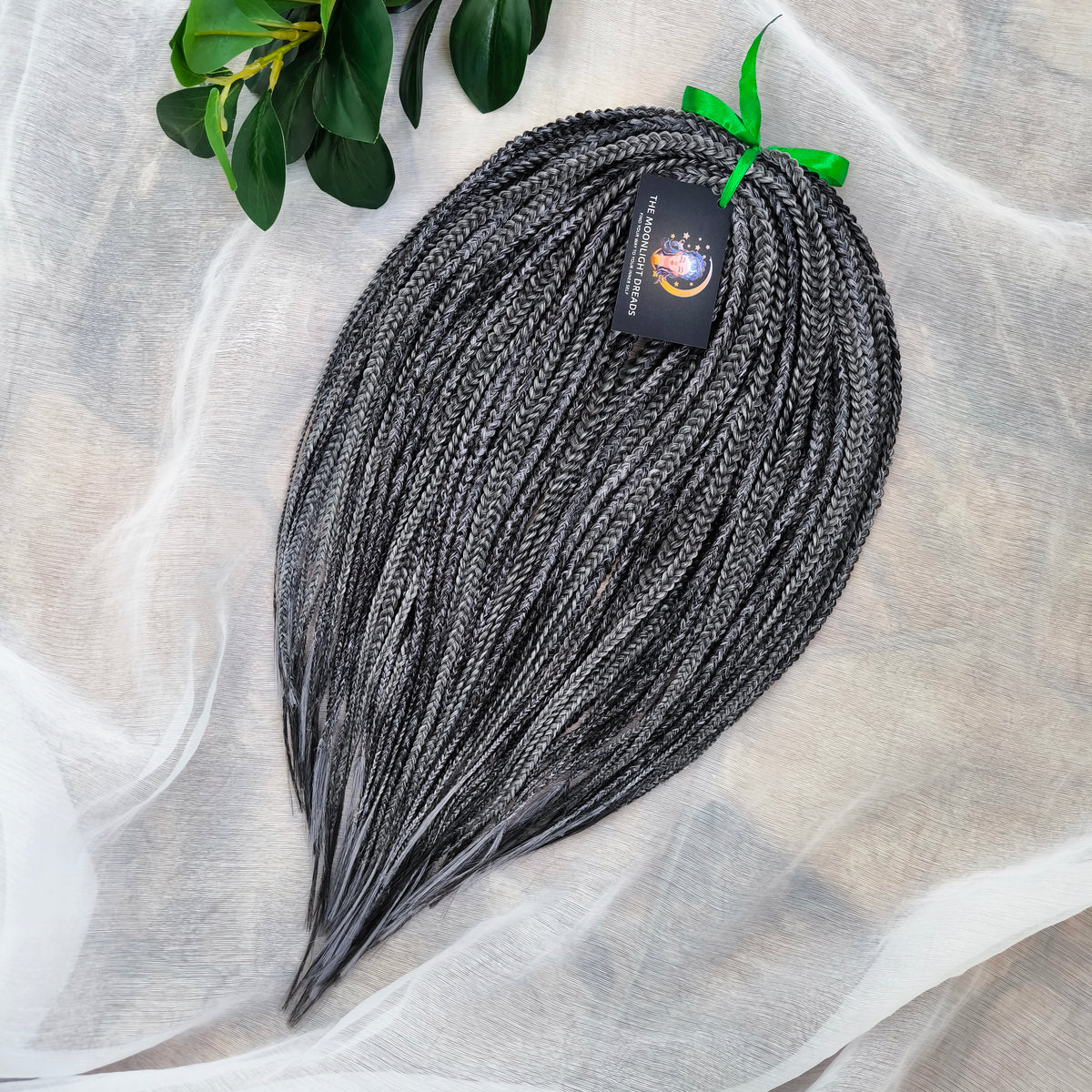 Black Amethyst - 50 double ended ready-to-ship black and silver/grey synthetic 3D/stereo/heart braids. Soft, lightweight, and reusable dark mysterious monochromatic blend. 