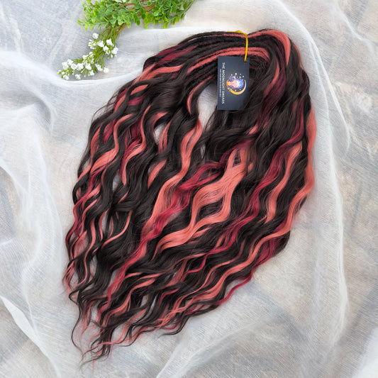 Rosewood - a soft, lightweight, and reusable set of double ended wavy dreadlocks in dark chocolate brown, dusty rose pink, and bordo shades. A rich, warm blend with a subtle romantic touch.
