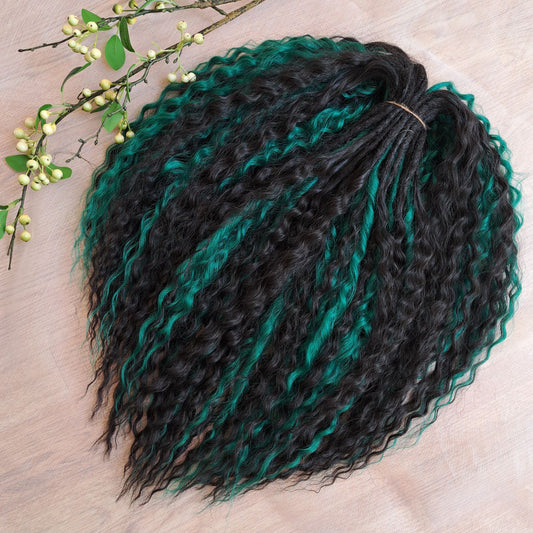Black and forest green set of 55 double ended synthetic non-brushable regular dreaded curls.