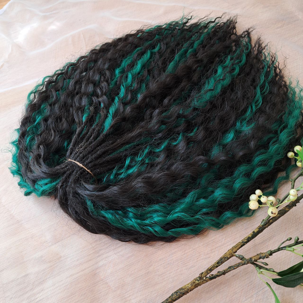 Black and forest green set of 55 double ended synthetic non-brushable regular dreaded curls.