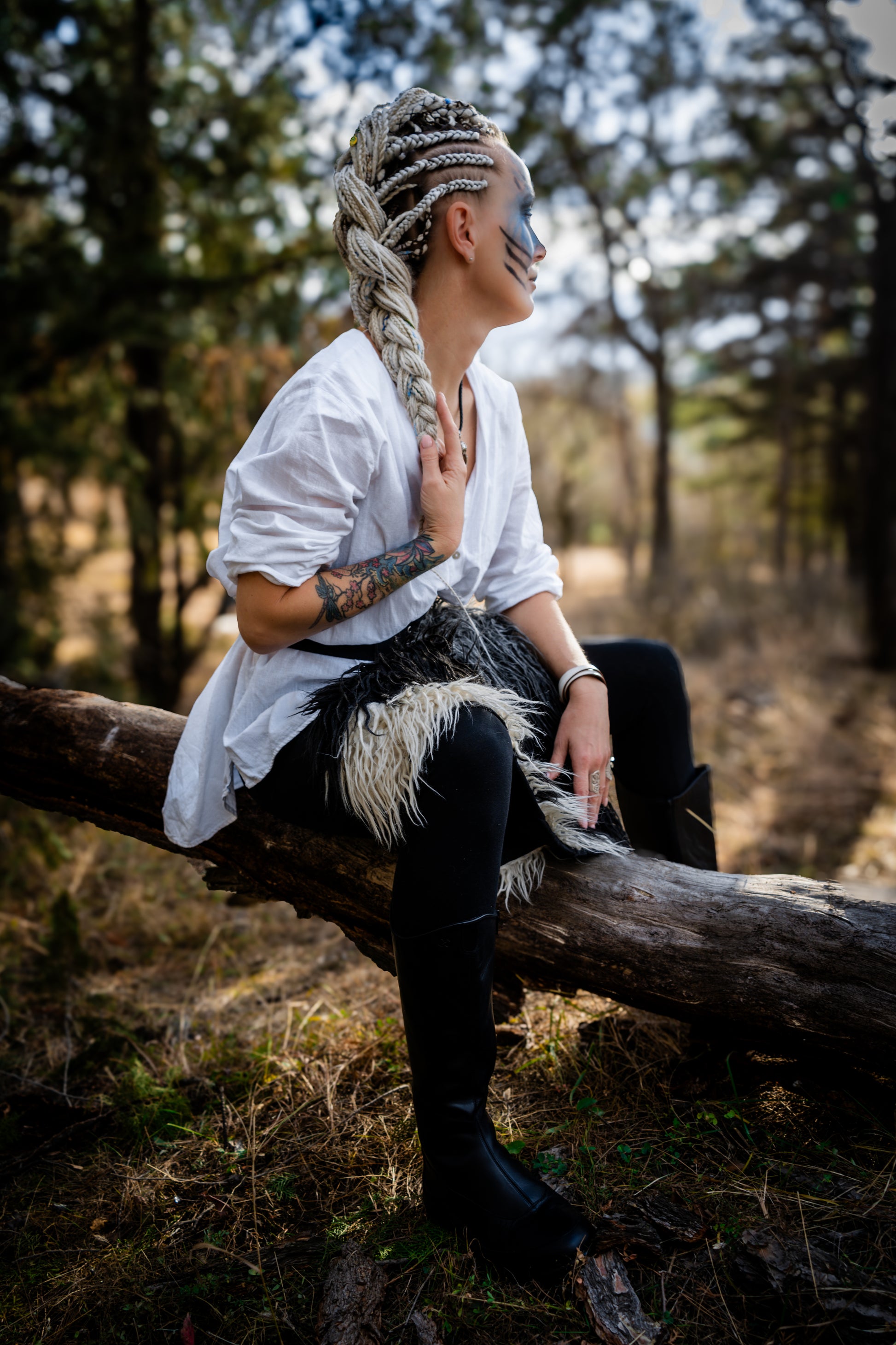 This set of synthetic dreadlocks combines elements of a Viking-inspired aesthetic.
Scandinavian blonde double ended crochet bumpy dreads, braids, and Senegalese twists. Decoration is included. Reusable lightweight set made from high-quality synthetic hypoallergenic material kanekalon.

Standard length: ±22-24 inches (55-60 cm)
Thickness of dreads and braids: ±0.8 cm