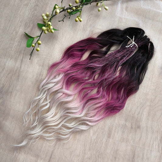 Ombre from dark chocolate brown to cherry/burgundy and platinum blonde: soft, lightweight, and reusable synthetic brushable double ended wavy dreadlocks (regular dreaded or push-up).