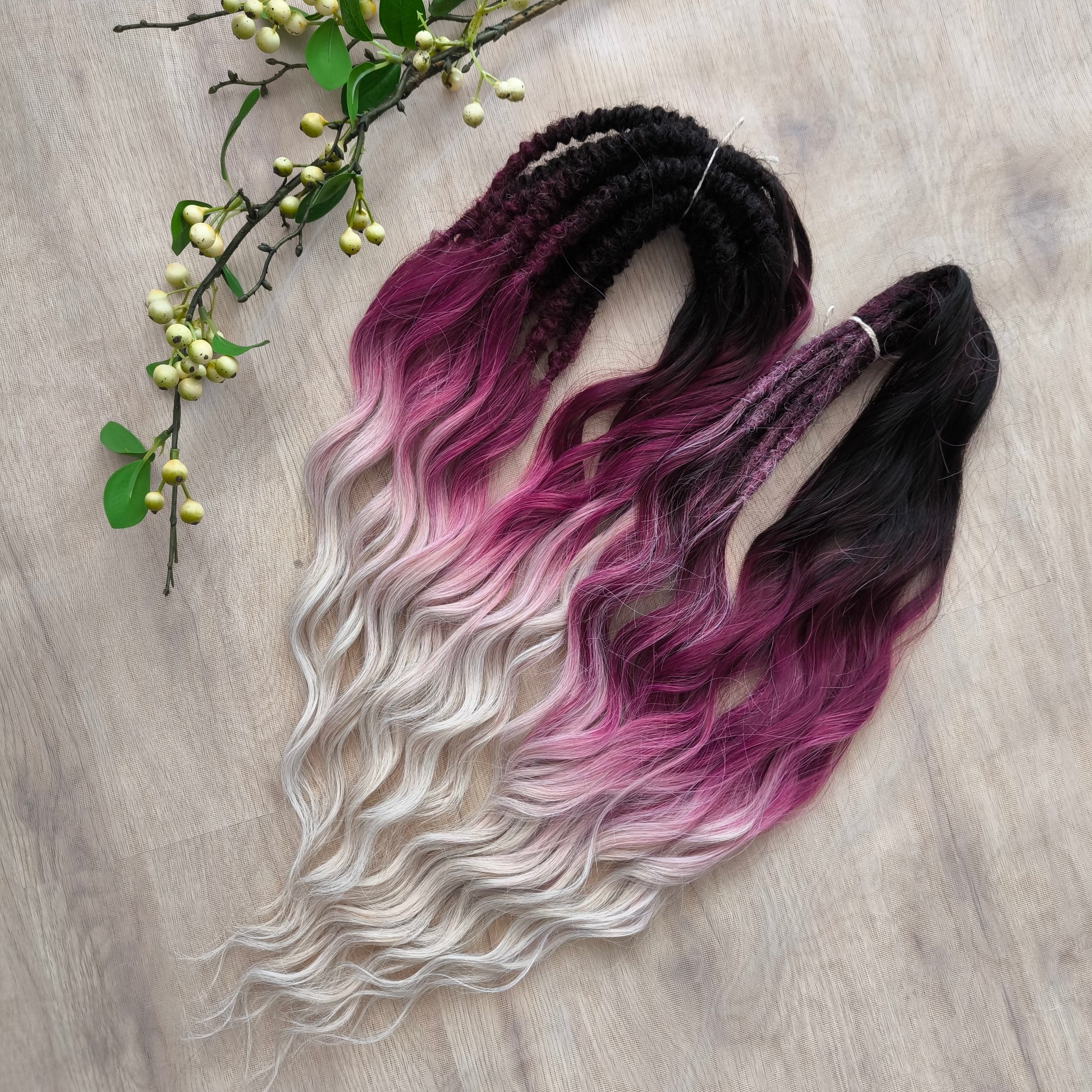Ombre from dark chocolate brown to cherry/burgundy and platinum blonde: soft, lightweight, and reusable synthetic brushable double ended wavy dreadlocks (regular dreaded or push-up).